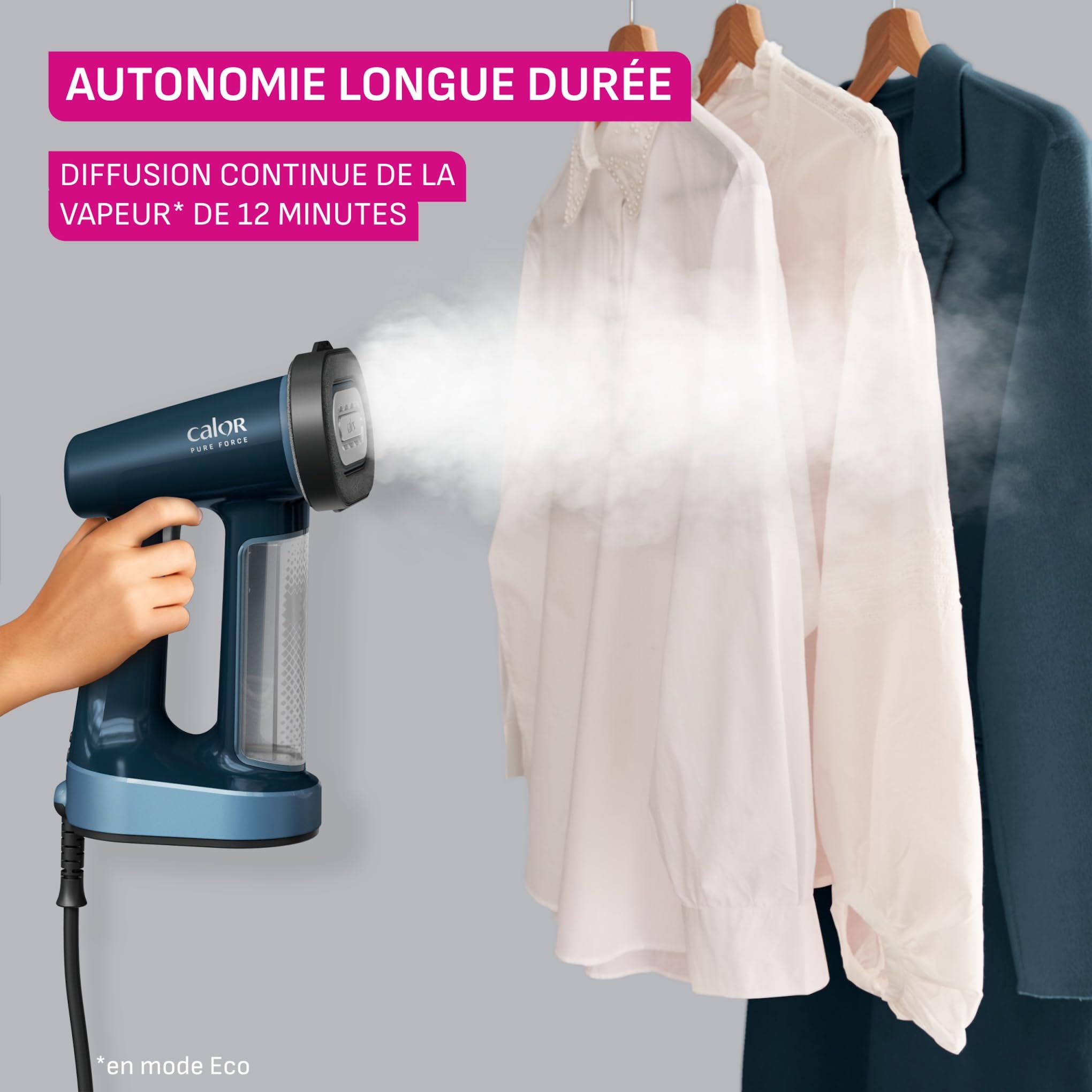Calor Pure Force 3en1, Défroisseur à main et fer à repasser, Utilisation verticale/horizontale, Nettoie, 1800W, 35g/min, Prêt en 25s, DT8755C0, Bleu Métallisé
