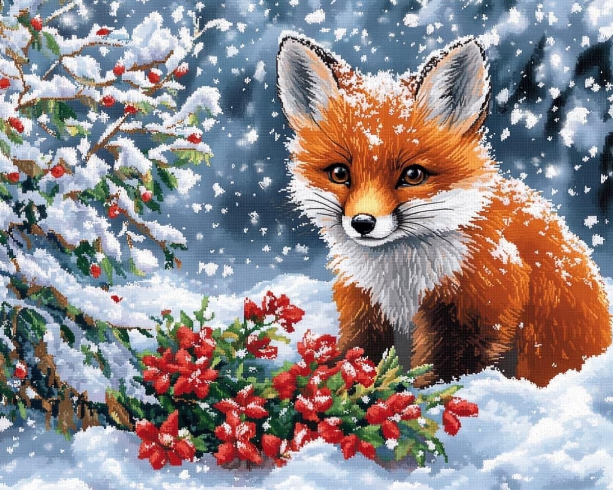 AxiangziK Counted Cross Stitch Kits 16x20 inchFox in the Snow pre-Printed Fabric Cross Stitch Set DIY Art Embroidery Kits Needlework Crafts