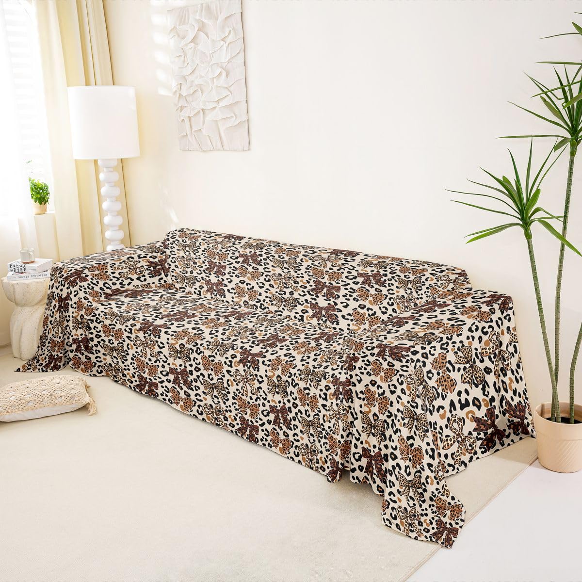 Homewish kokardka pokrowiec na kanapę 231 x 340 nadruk w panterkę narzuta na sofę geometryczna wstążka kokarda kanapa ochraniacz geparda afrykańskie zwierzę safari sofa pokrowiec