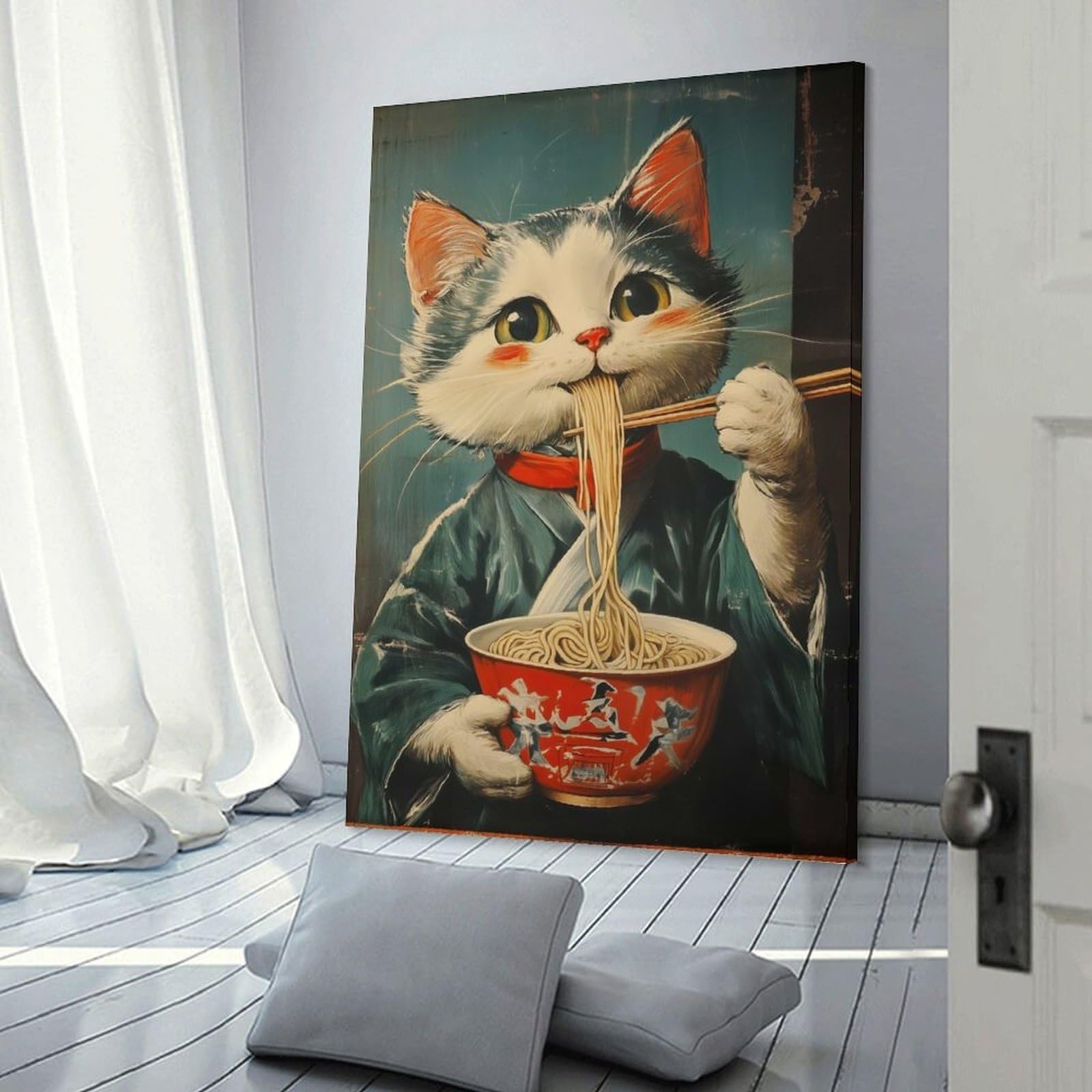 Junmoney Wall Art Print Cat Eating Noodles, 08x12inch(20x30cm), for Home Lounge, Bedroom Or Reading Nook, Canvas Styling for A Polished Room Look