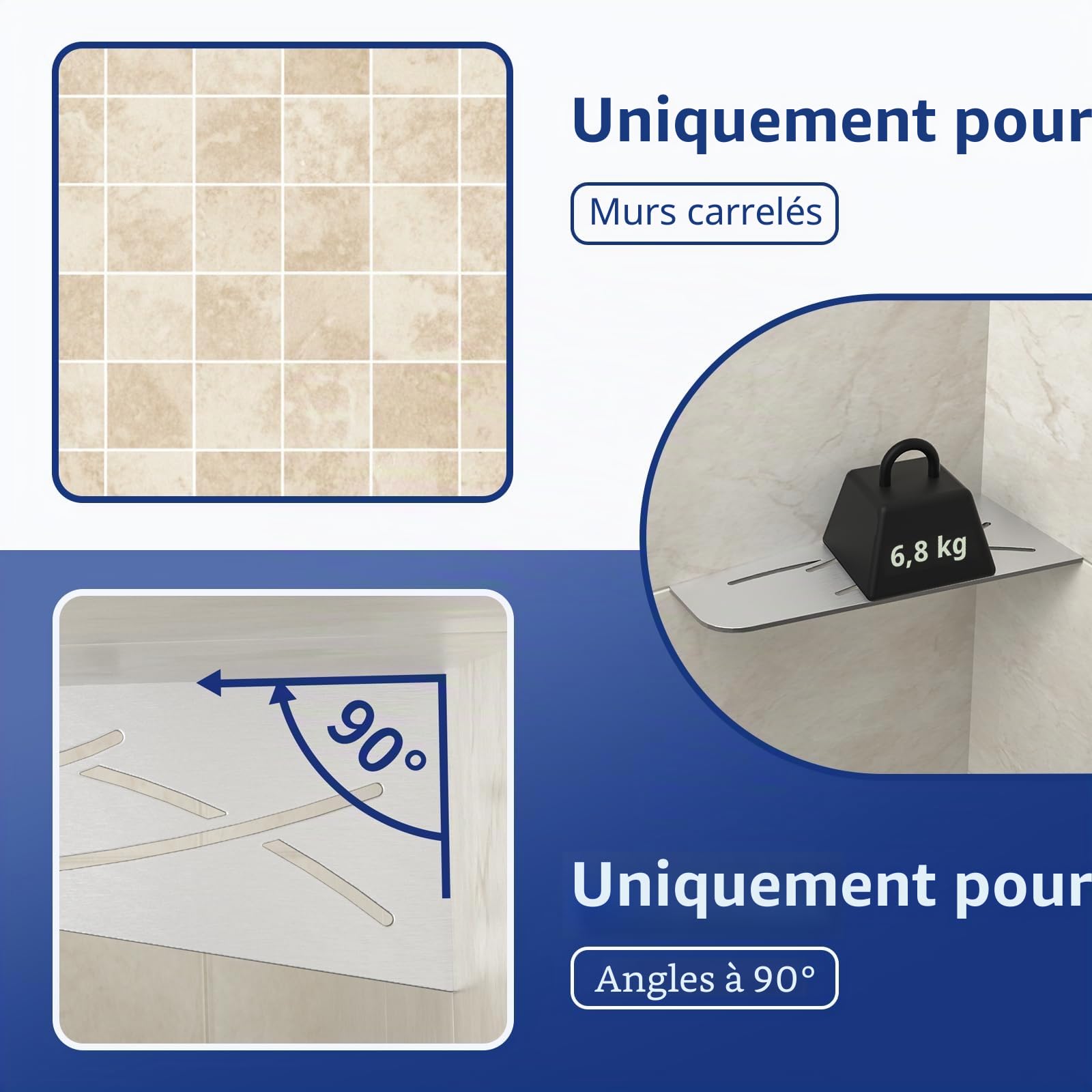 Étagère d'angle de douche de 3 mm d'épaisseur - Sans perçage - En acier inoxydable SUS304 - Organiseur de salle de bain - 305 mm - Support pour shampoing de douche - 1 pièce - Brossée