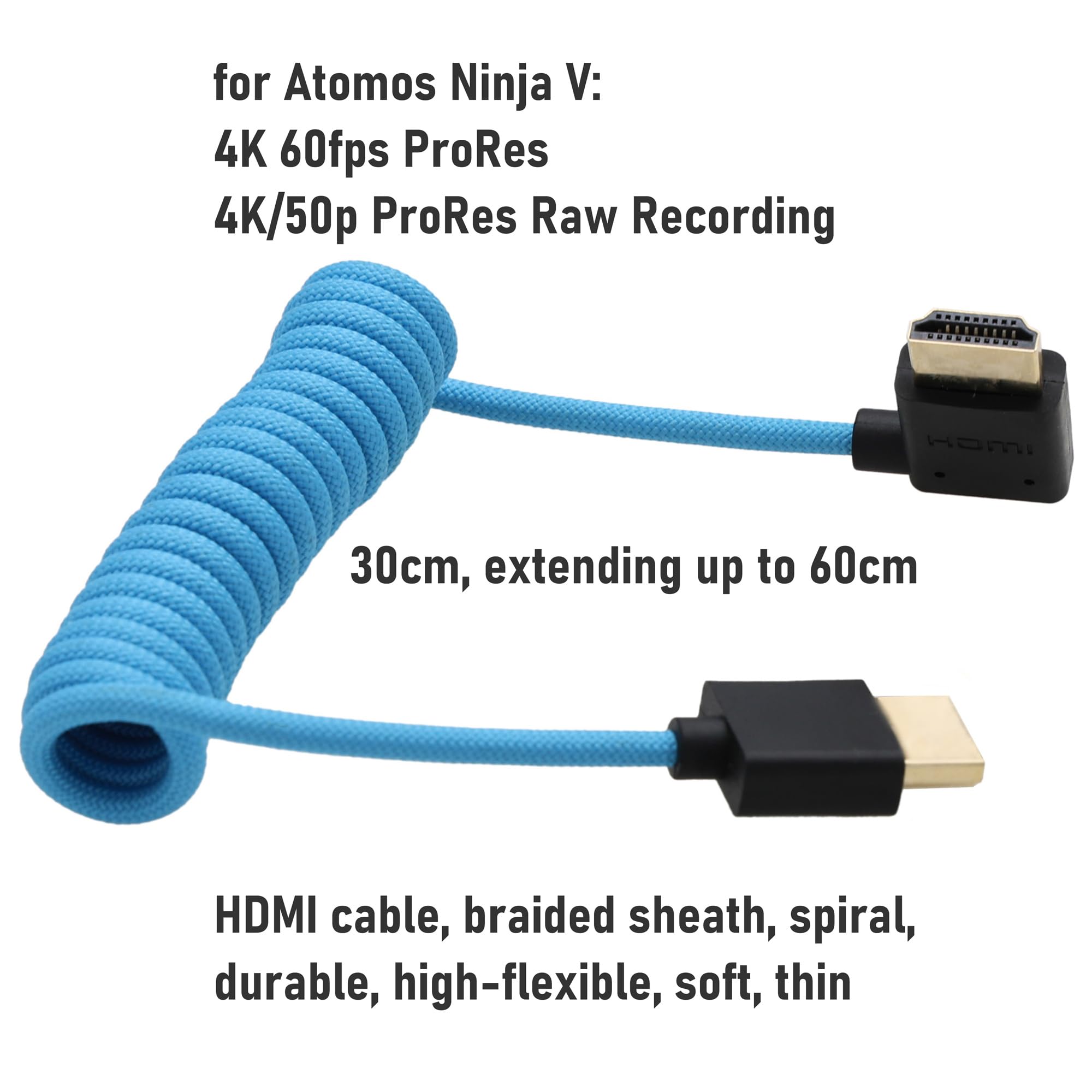 HangTon Cable de video HDMI 8K 4K ProRes Raw para ATOMOS Ninja V Shinobi, Sony A7RV A7IV FX3 FX30, Canon C80 C70 R1 R5 Mark II, Fujifilm Fuji GFX100 II, X-H2, trenzado azul en espiral