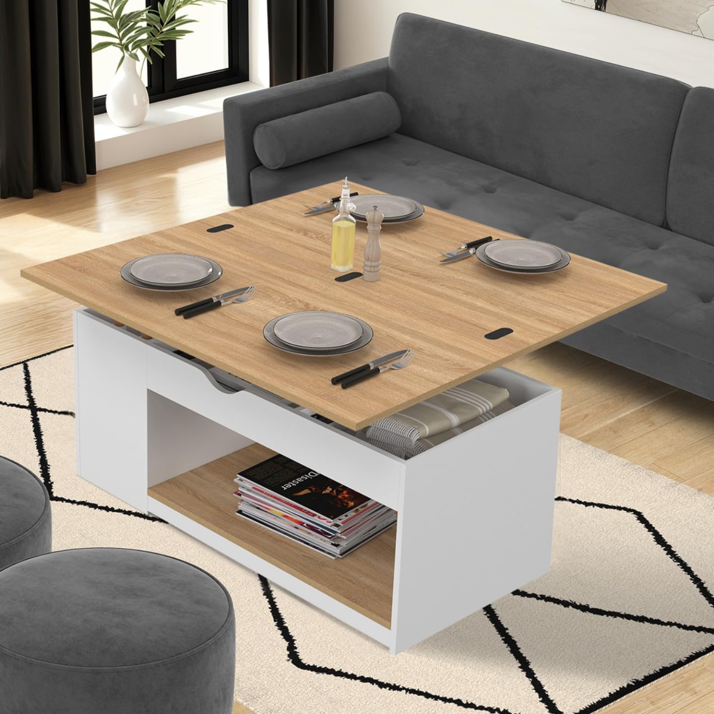 IDMarket – Mesa de centro elevable rectangular Convertible en mesa de comedor ELEA 100 cm, madera blanca y haya