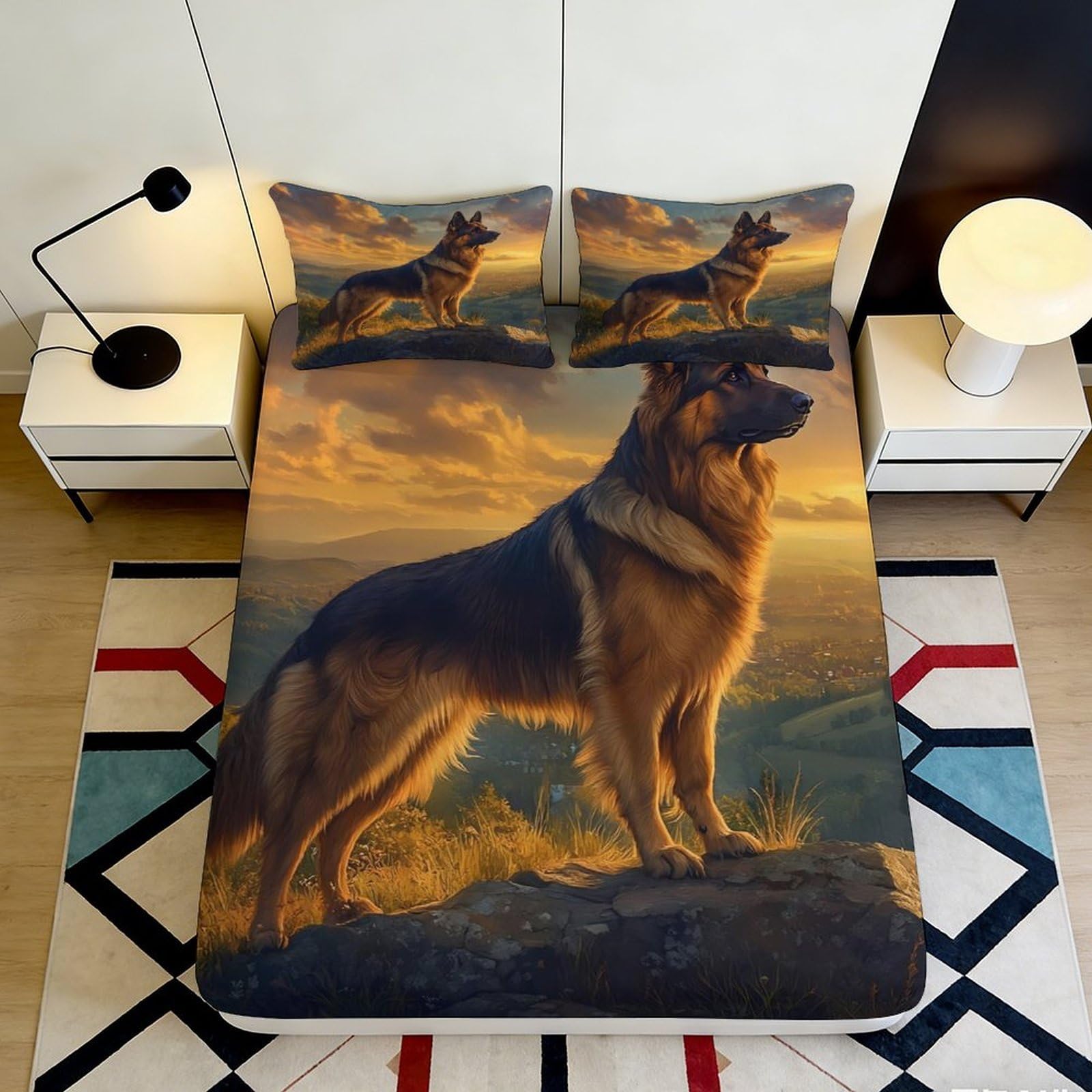 3D Printed German Shepherd Fitted Sheet Microfiber Soft Brown Sunset Dog Mattress Cover Bedroom Decor 90x200x25cm