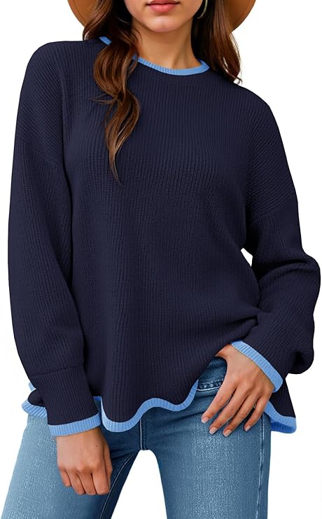 Saodimallsu Womens Contrast Color Pullover Sweaters Crewneck Knit Tops with Wave Hem Long Sleeve Sweater Fall 2025