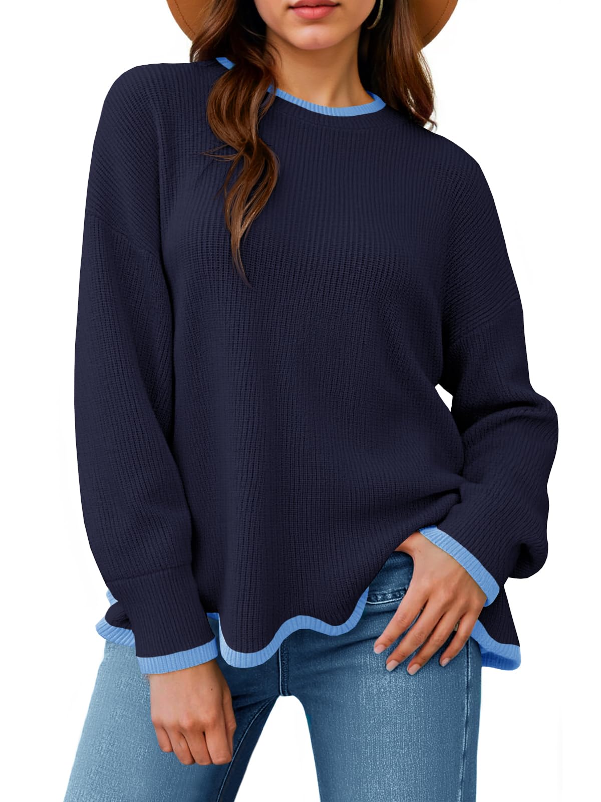 Saodimallsu Womens Contrast Color Pullover Sweaters Crewneck Knit Tops with Wave Hem Long Sleeve Sweater Fall 2025