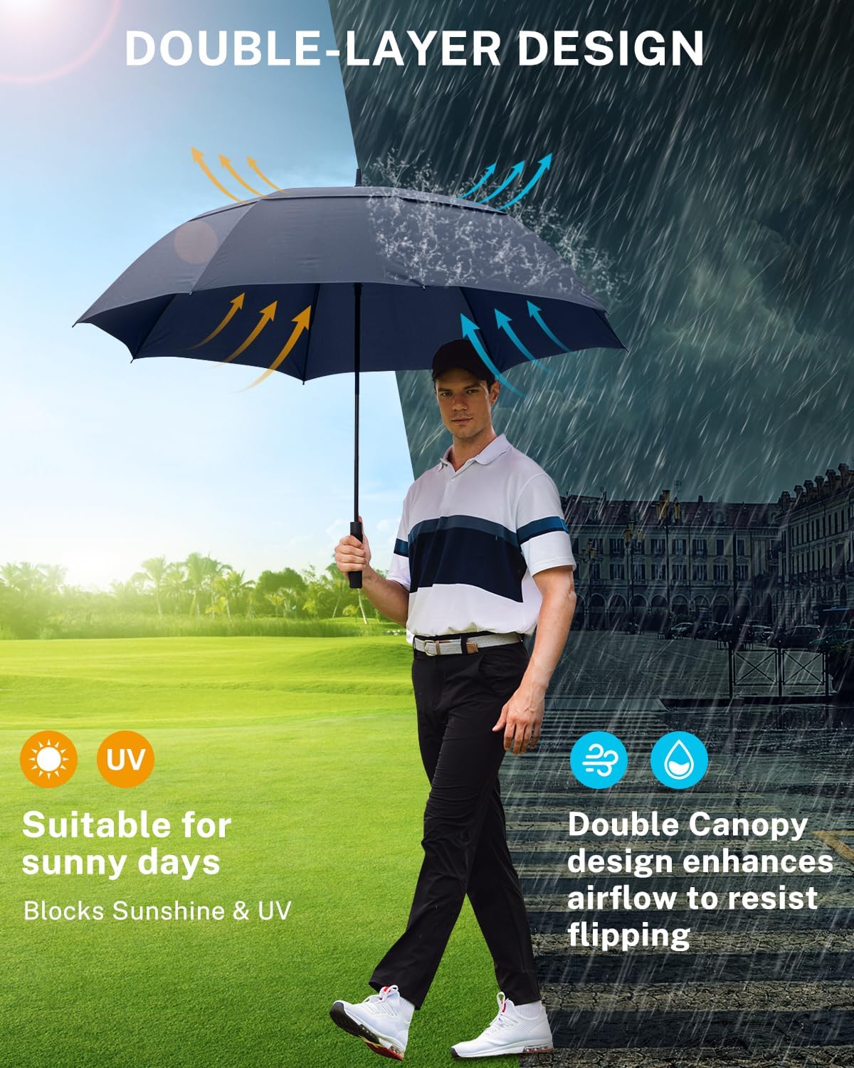 Gonex Windproof Double-ribs Golf Umbrella, 68/72 inch Auto Open Strong 2x8 Ribs Extra Large Double Vented Canopy Waterproof Rain Umbrella with Comfortable Handle, Oversized Sun Umbrella for 2-4 Men/Women and UV Protection