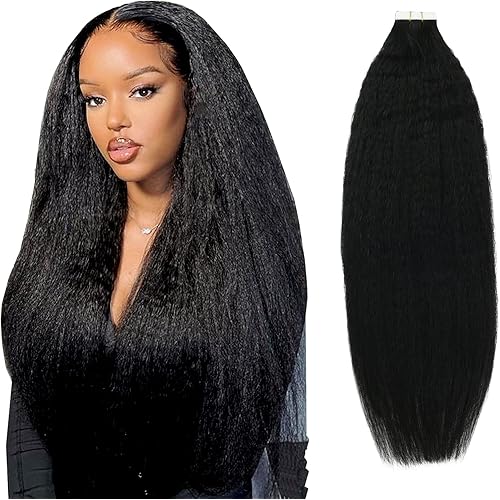 YoungSee Tape in Kinky Straight 20 inches Hair Extension Tape in Black #1 Remy Tape in Hair Extensions Human Hair 20pcs Remy Tape in Extensions Black Remy Hair Extensions Tape in 50g