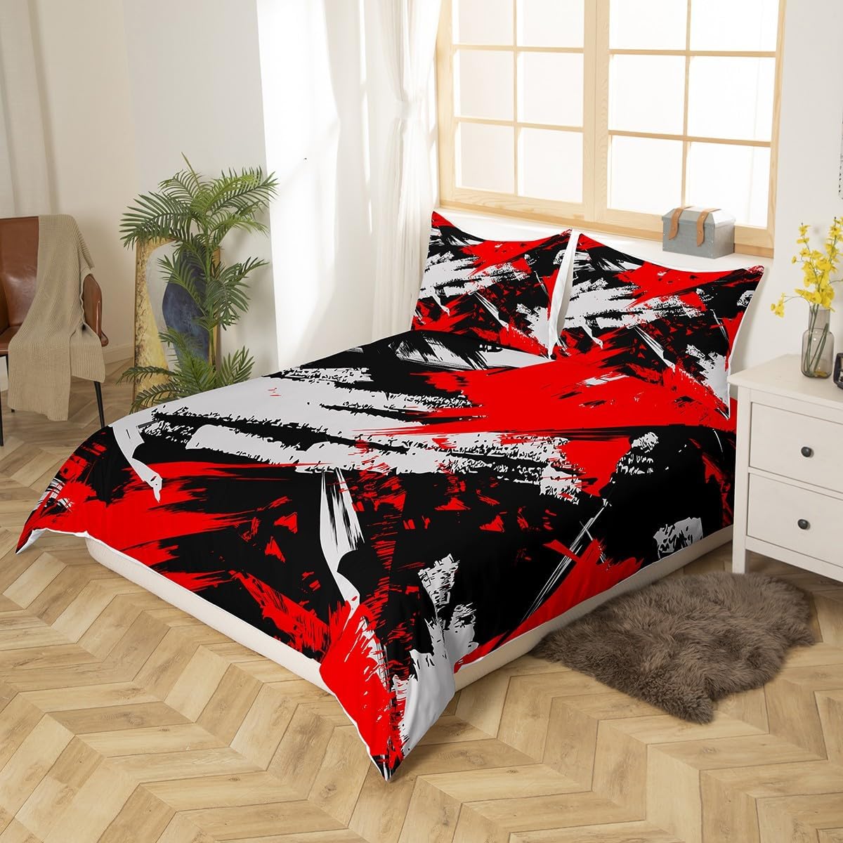 jejeloiu Geometric Abstract Bedding Duvet Cover Set Kids Strip Bedding Set Modern Comforter Cover Set for Boys Room Decor Lightweight Retro Art Red Black Grey Bedspread Cover Twin Size Zipper