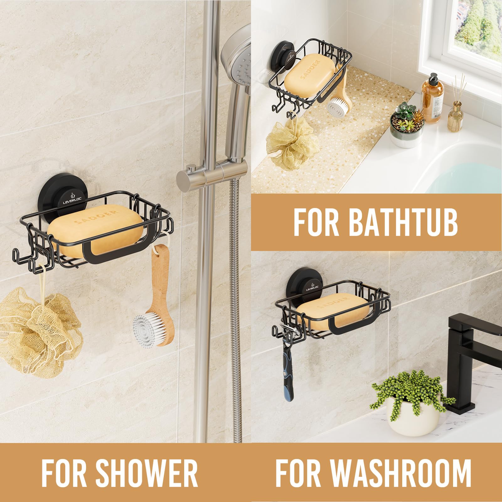 Jabonera con ganchos para ducha, barra de ventosa, bandeja de jabón montada en la pared, soporte de esponja de acero inoxidable a prueba de óxido para baño, bañera, fregadero de cocina, color 4