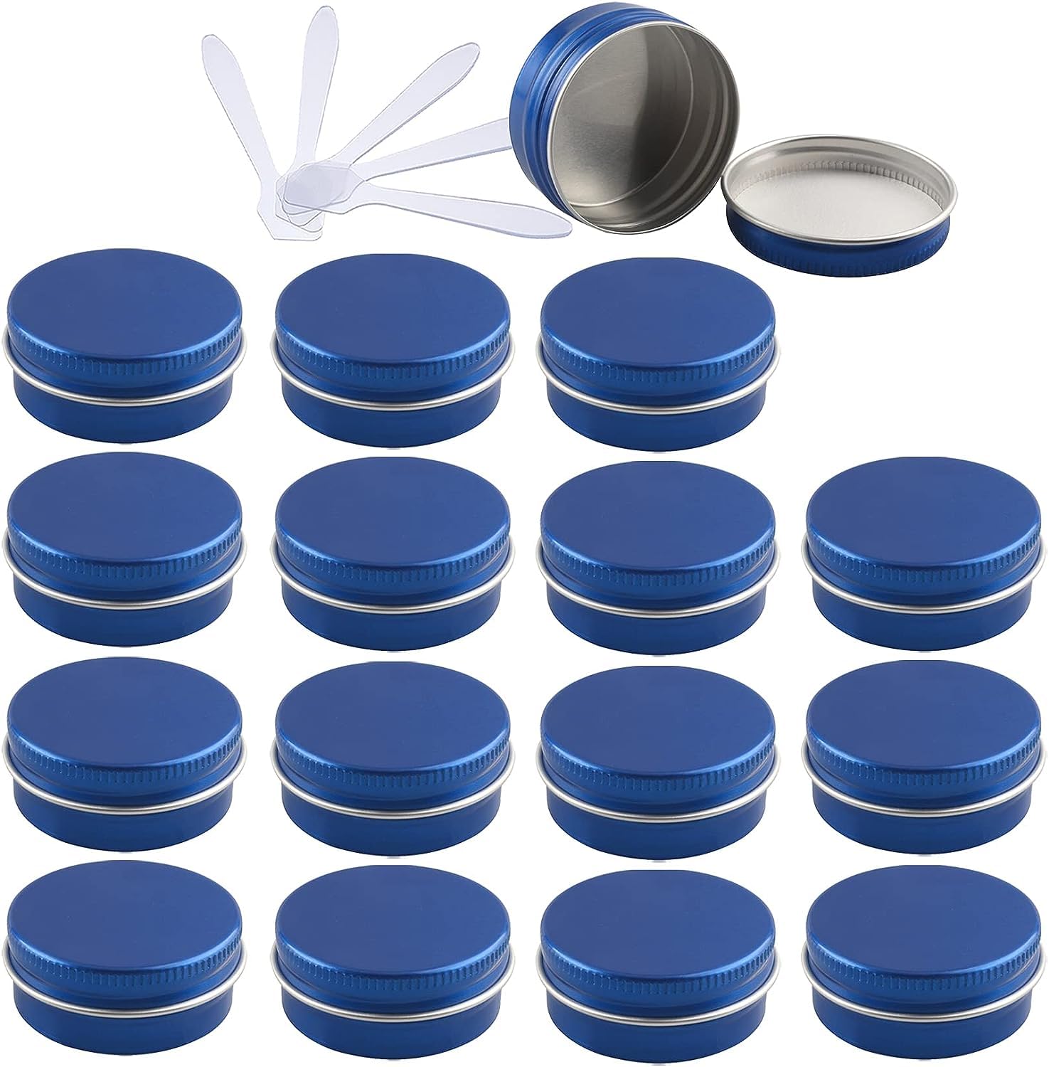 KRXSOBNV Cosmetic Jars, 48 PC Aluminium Tins with Screw Lids Storage Jars Cosmetics Containers Pots with 6 Spatula(Blue,15ml)