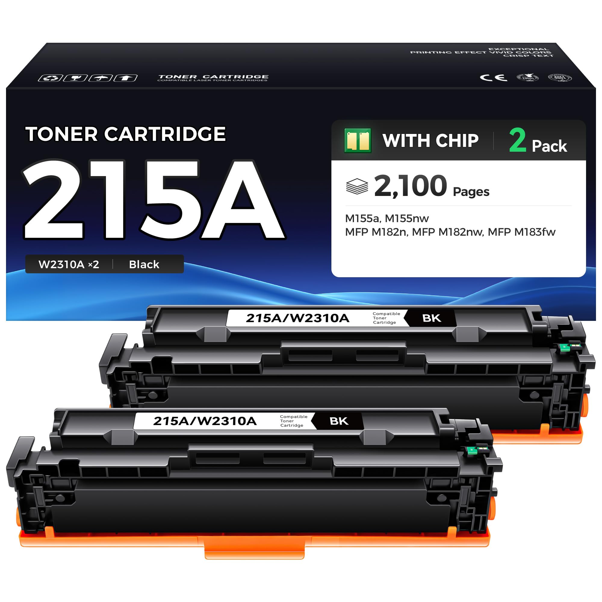 215A Black Toner Cartridge Set 2-Pack High Yield Replacement for HP 215A W2310A Toner Compatible with HP Color LaserJet Pro MFP M182n M182nw M183fw M155a M155nw Printer Ink All-in-One M182 M183 M155