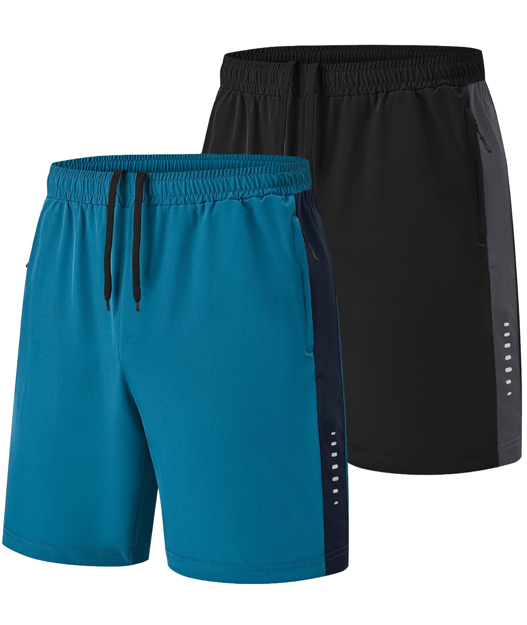 Mens Workout Shorts Dry Fit Gym Athletic Sport Shorts for Men Zip Pockets Polyester Tennis Running Short 2 Pack 3XL Black+Lake Blue