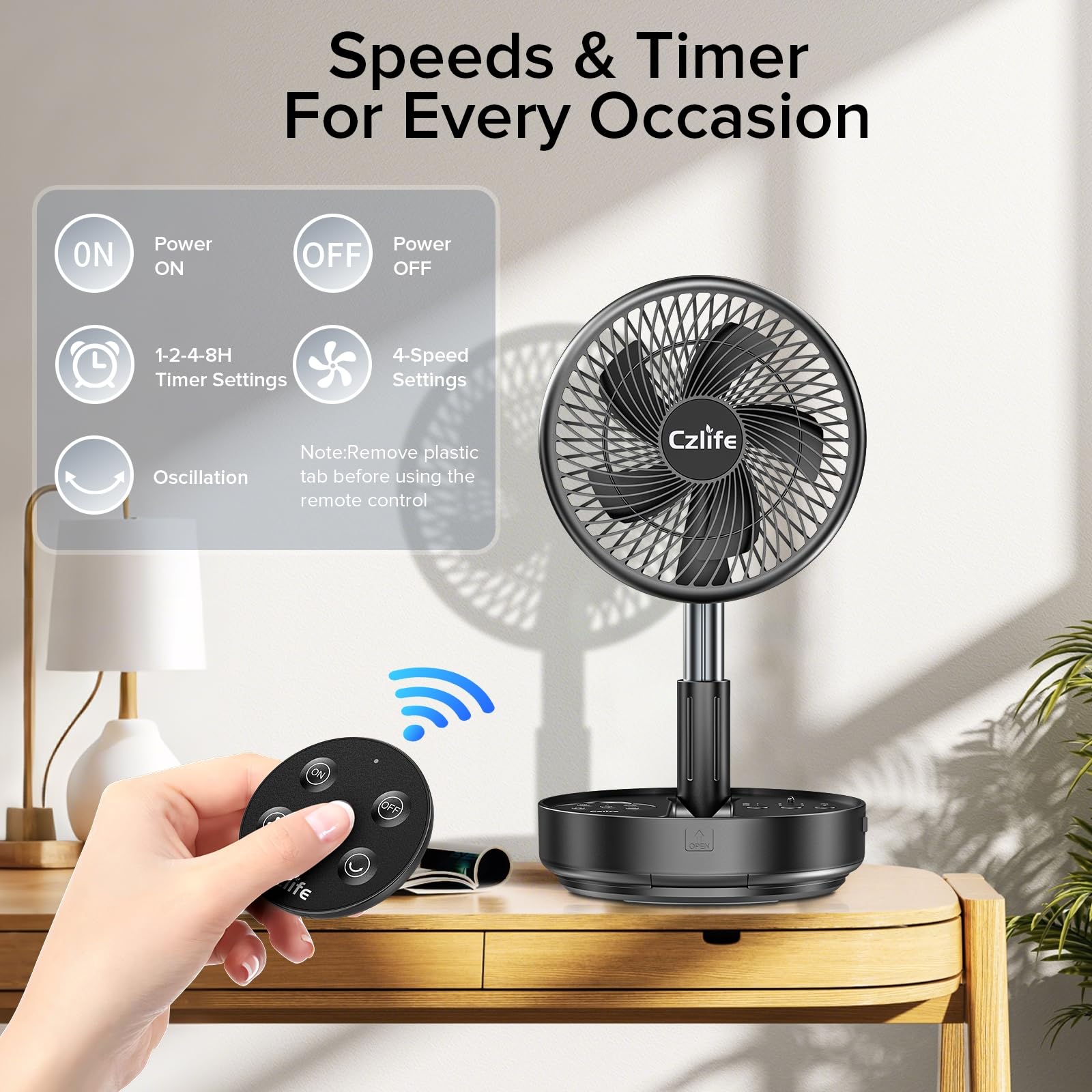 Czlife F9 Ventilador portátil, 10000 mAh, recargable, alimentado por batería para viajes, dormir, camping, dormitorio, al aire libre, escritorio de suelo, ventilador USB inalámbrico con control remoto