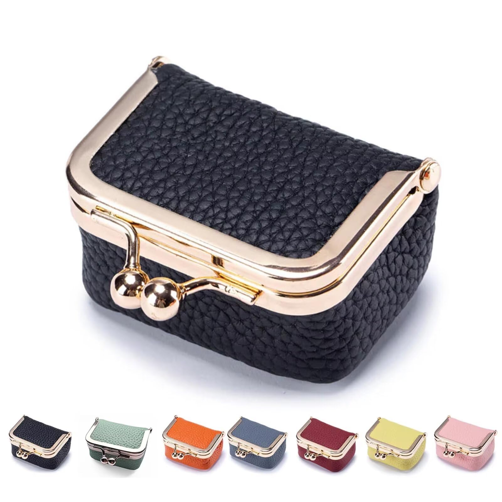 BOSENIYU Mini Leather Jewelry Box, Portable Vintage Genuine Leather Coin Purse, Jewelry Organizer with Kiss Lock. (Black)