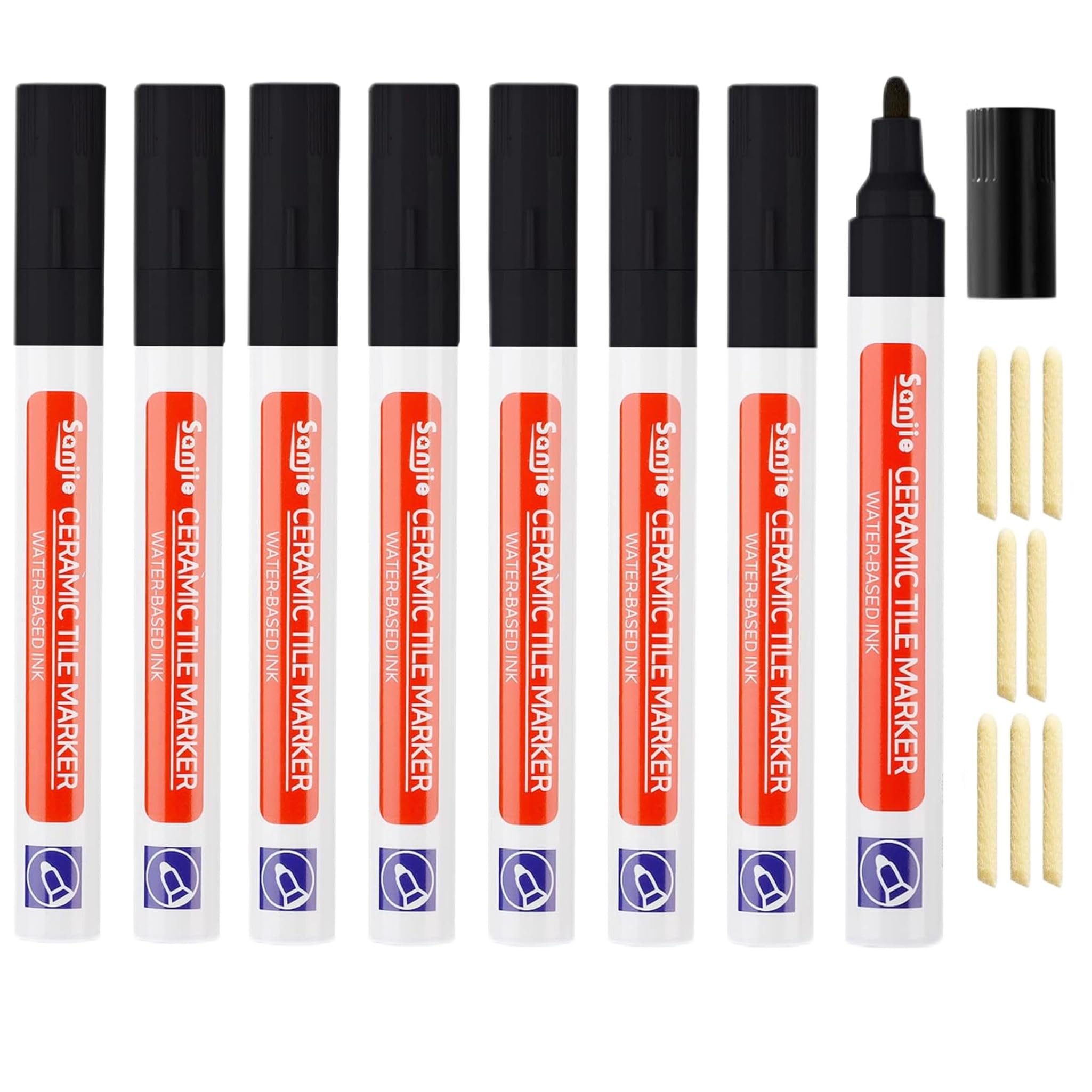 8Pcs Grout Pen Black Grout Pen for Tiles Bathroom with Replacement Nib Tips Tile Grout Anti-Grout black Tile Pen Marker for Restoring tile grout Wall Floor Bathroom Kitchen and Floor Tiles