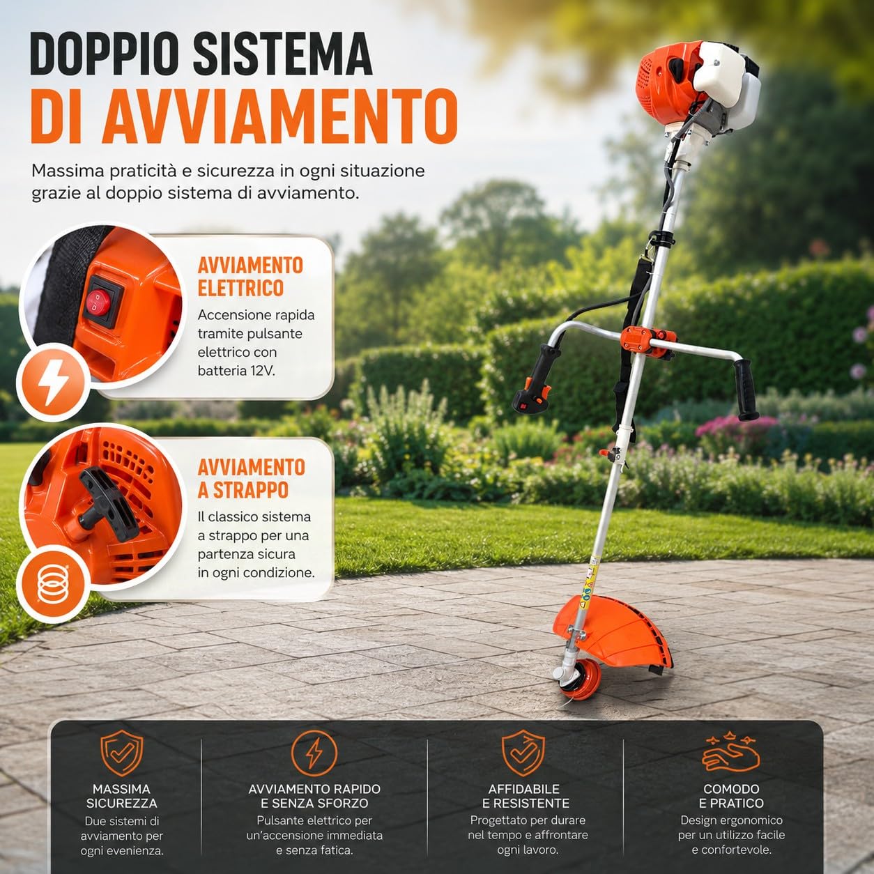 Decespugliatore a Scoppio 52cc 1.45kW 8500RPM Motore 2 Tempi con Manubrio Avviamento Elettrico con Batteria 12V e Manuale con Testina Doppio Filo e Disco tre Denti Acciaio per Erba, Giardino, Arbusti