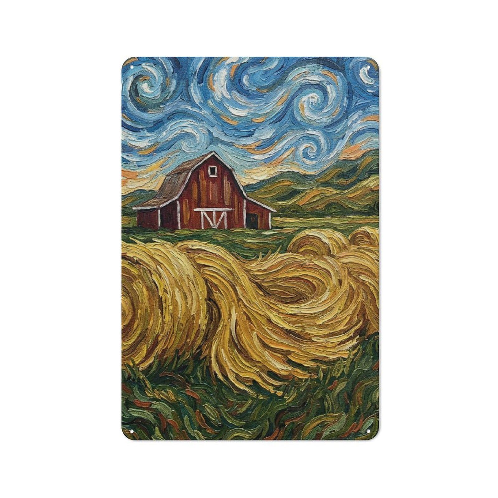 Junmoney Style-23 Vintage Metal Plaque 30X20cm Featuring Impressionistic Barn And Hay Bales Painting, Diner Style Decor For Restaurant, Kitchen, Counter Or Breakfast Nook