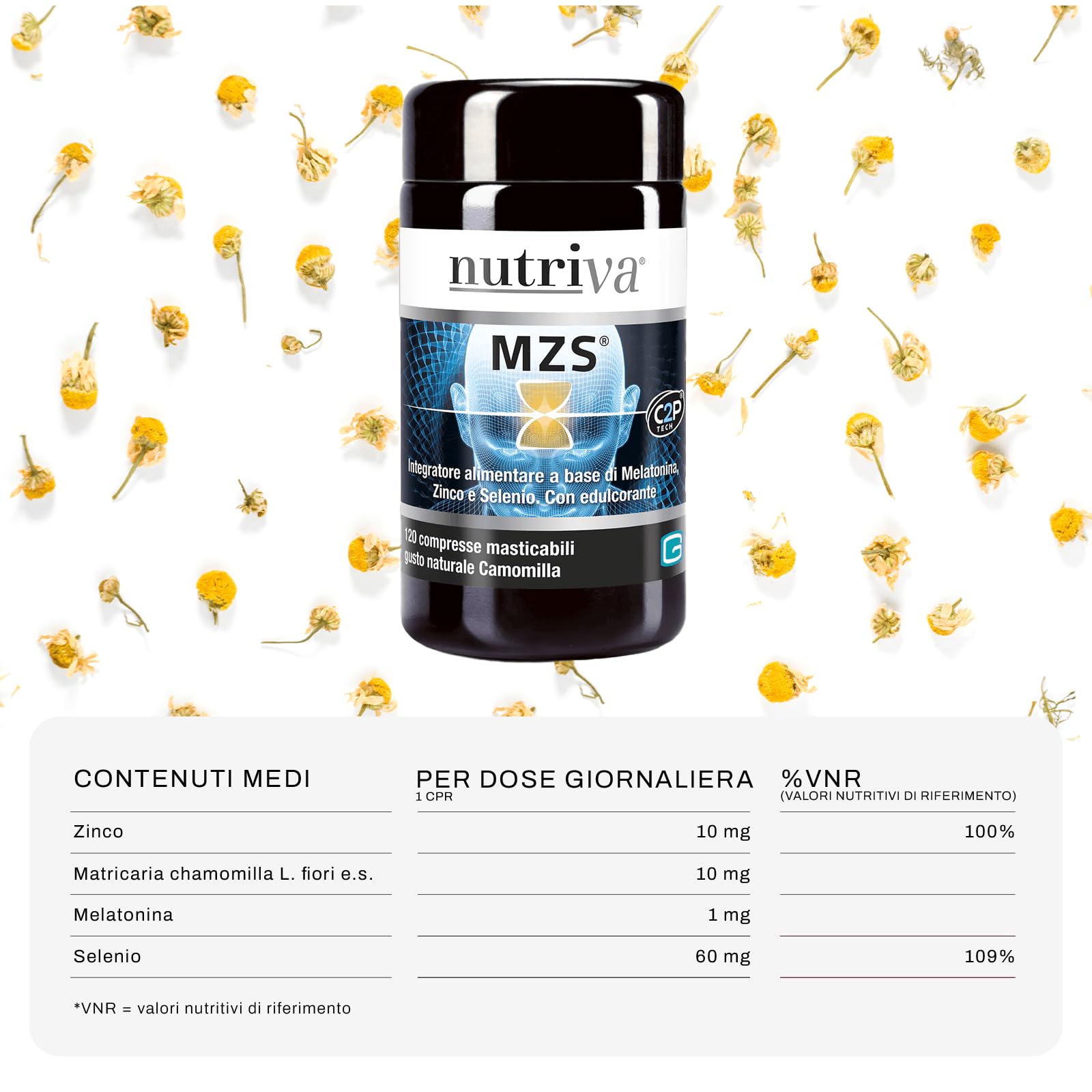 NUTRIVA MZS, Integratore Alimentare Melatonina, Zinco, Selenio, Utile per Dormire, Rilassamento e Benessere Mentale, 1mg di Melatonina, per Vegetariani 120 Compresse Masticabili