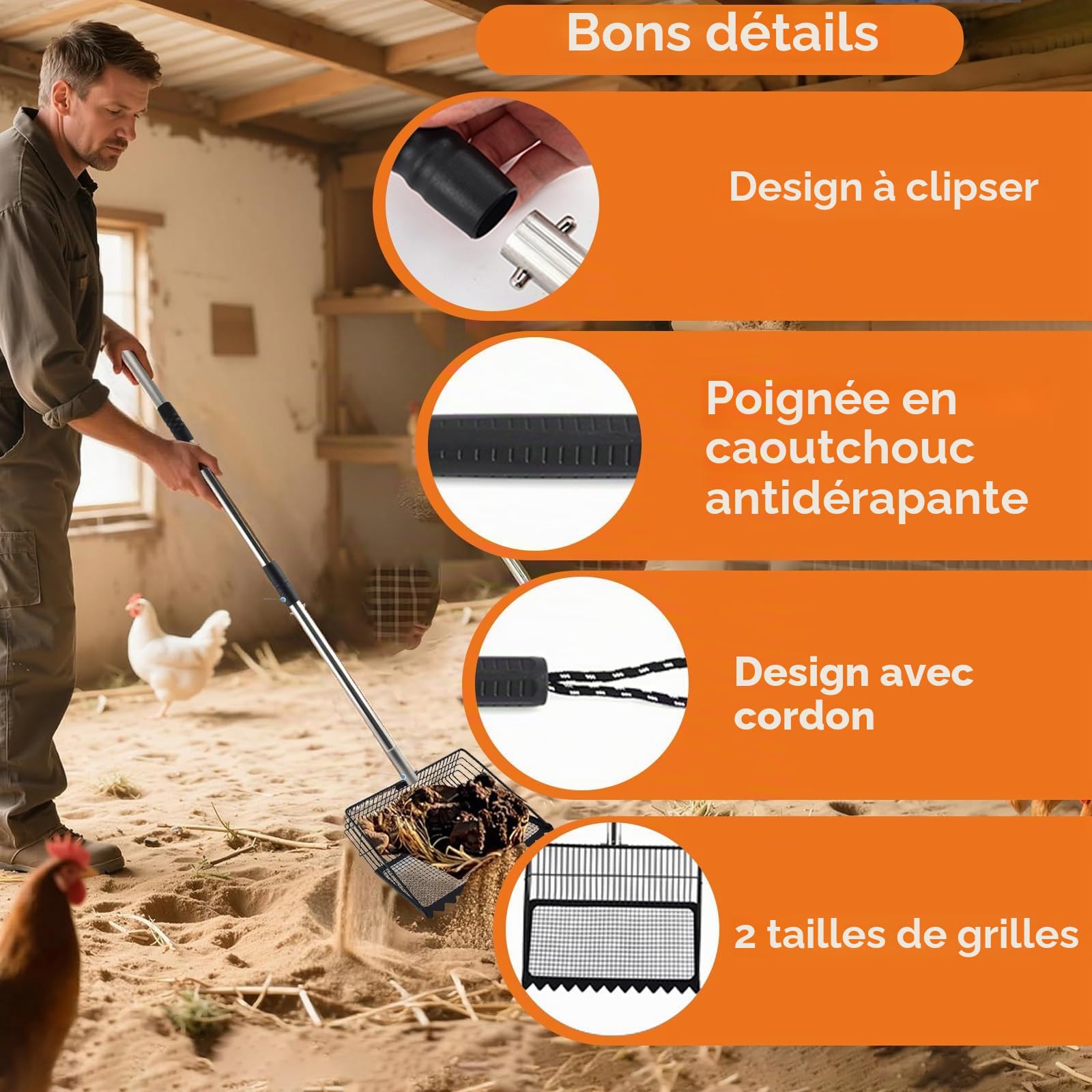Pelle À Crottes De Poulet,4 En 1 Tamis Pour Poulailler,Poulailler Pelle À Crottes Réglable 85cm-175cm,Séparation Des Fèces Et Des Débris Du Sable,Pelle À Tamis Grande Pelle À Sable,Alliage d'aluminium