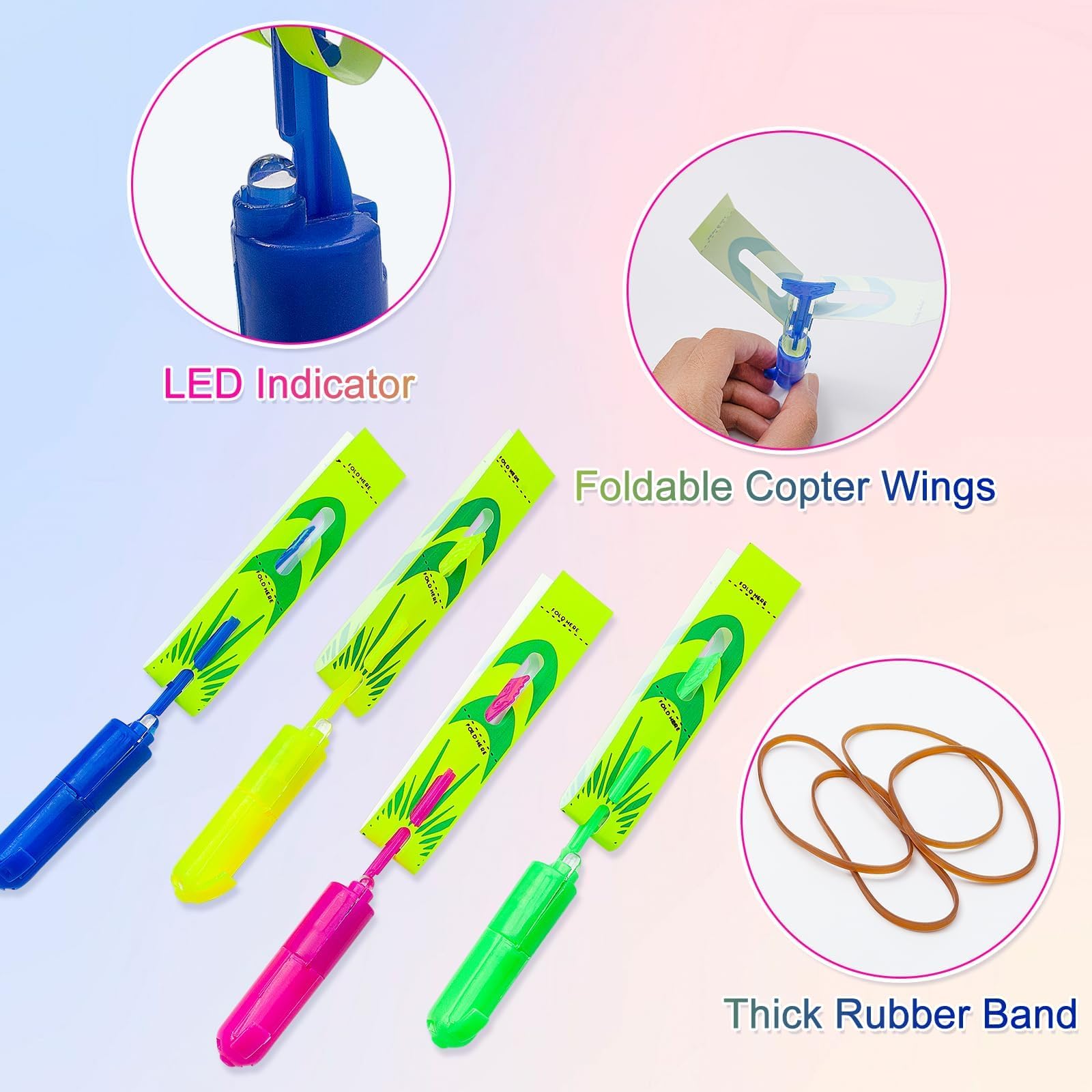 Tirachinas voladoras con luces, cohetes helicópteros, 4 colores para niños, juguete de helicóptero lanzado con banda de goma, incluye 12 helicópteros + 12 lanzadores, para verano al aire libre 3