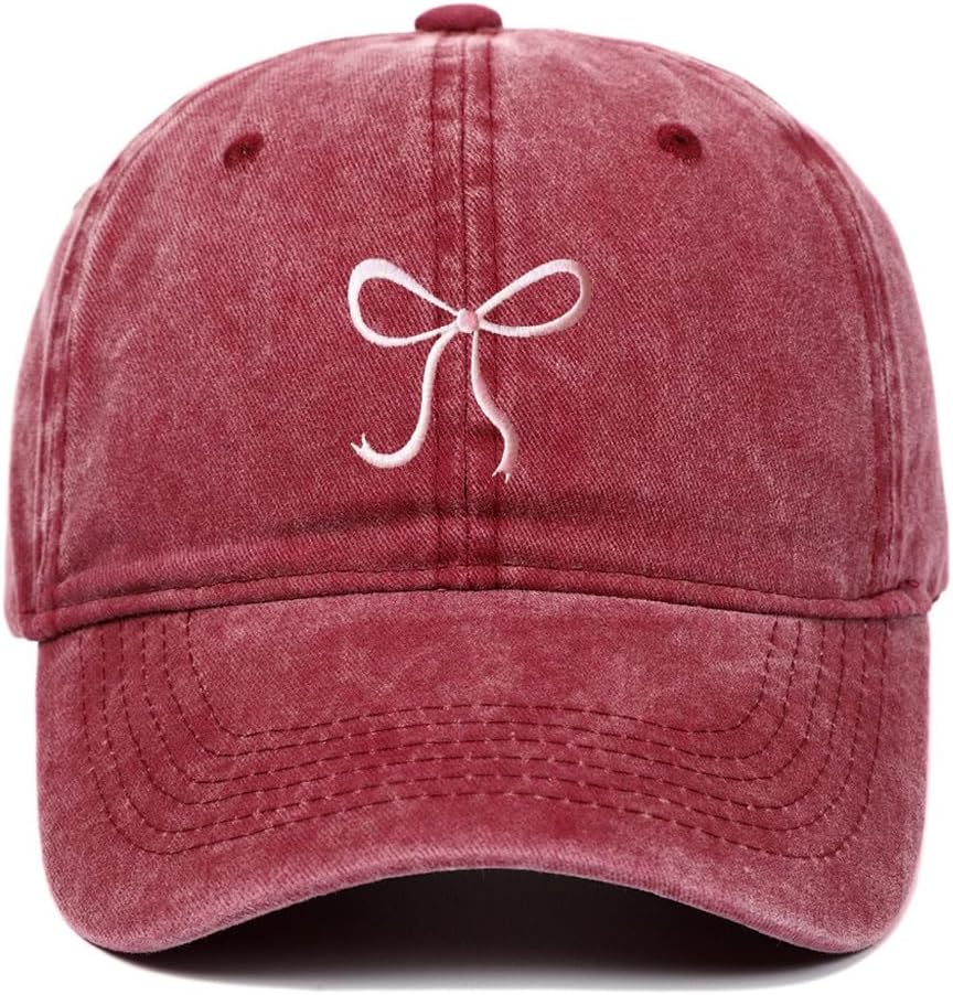 Bow-Tie Baseball Cap for Women Vintage Washed Cotton Adjustable Distressed Embroidered Dad Hat - Image 2