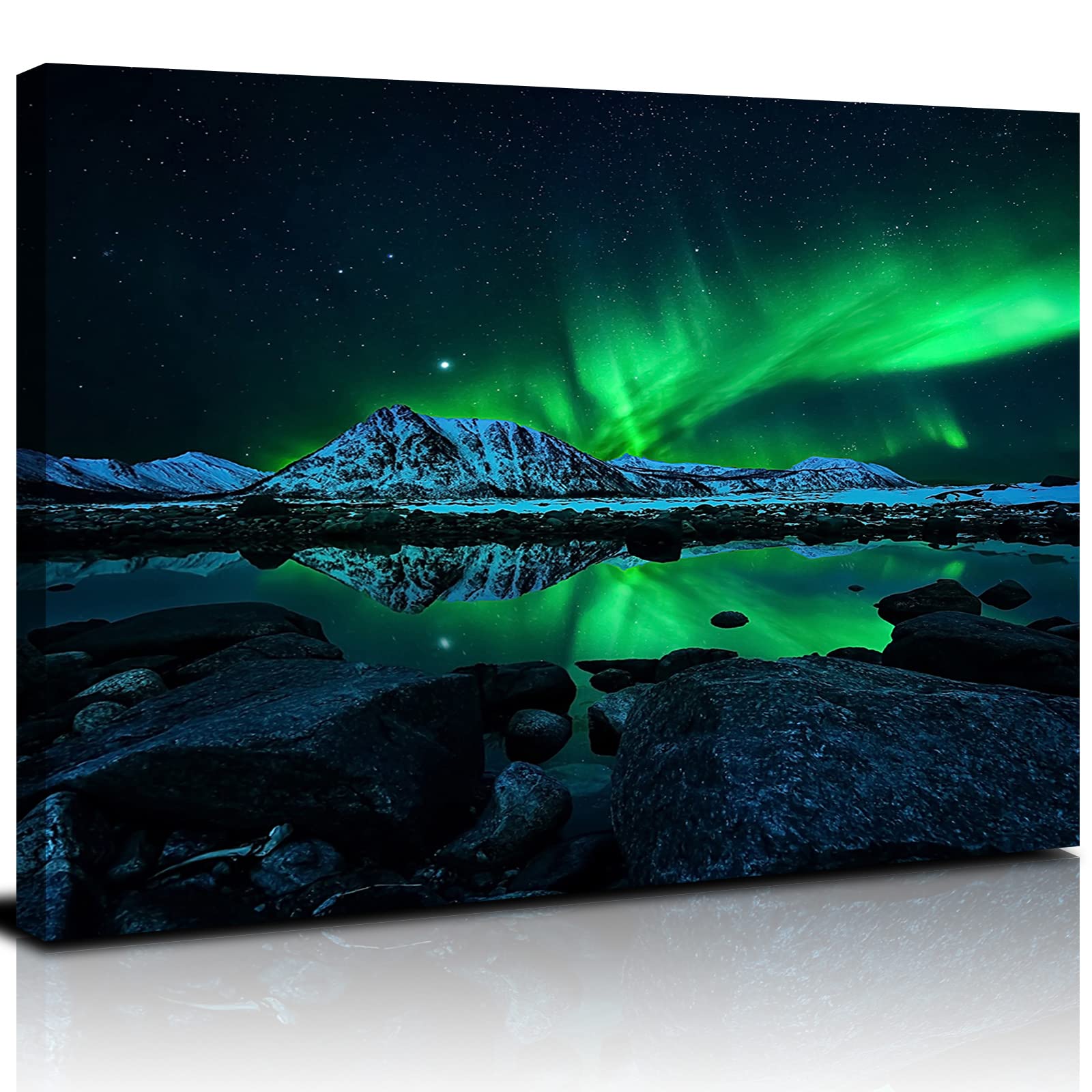Northern Lights Wall Art Green Aurora Borealis Canvas Picture Art Nature Snow Mountain Scenery Prints Decor 12x16" Alaska Landscape Painting Artwork for Living Room Bathroom Bedroom Home Decoration