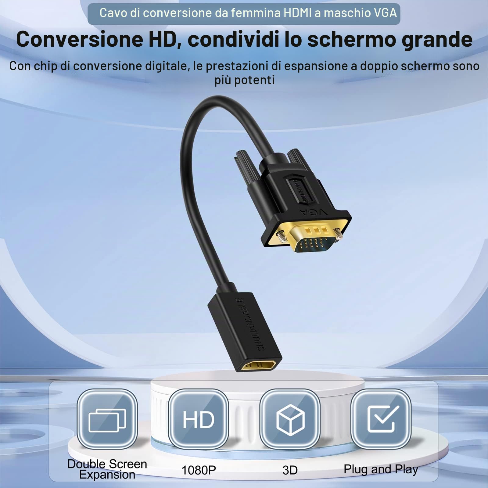 SHULIANCABLE Adattatore HDMI Femmina a VGA Maschio 1080P, Trasmissione unidirezionale da HDMI a VGA Nessun supporto audio (15CM)