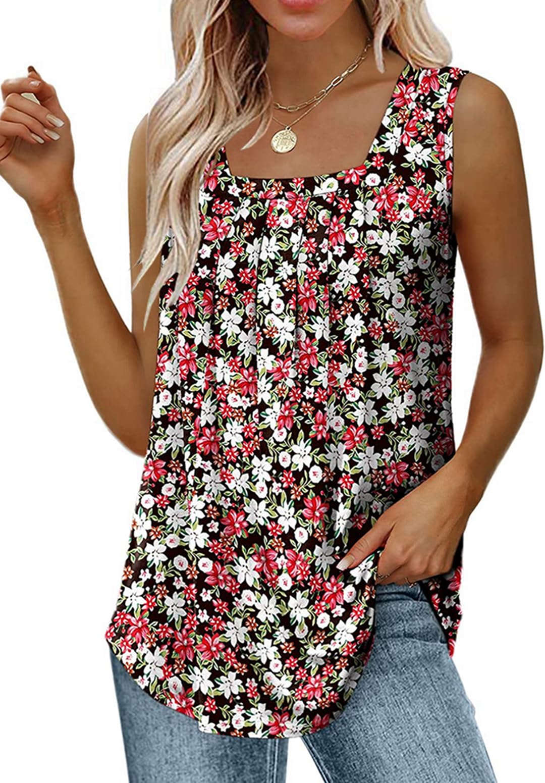 Naivikid Tank Tops for Women Pleated Flowy Summer Sleeveless Tops Casual Square Neck Shirts S-XXXL