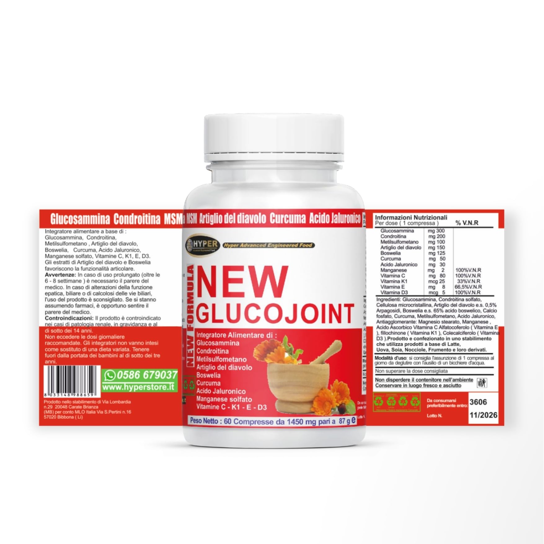Hyper Glucojoint Integratore Alimentare | con Glucosamina Condrotina MSM, Artiglio del Diavolo Forte e Acido Ialuronico | 60 Compresse Prodotto in Italia