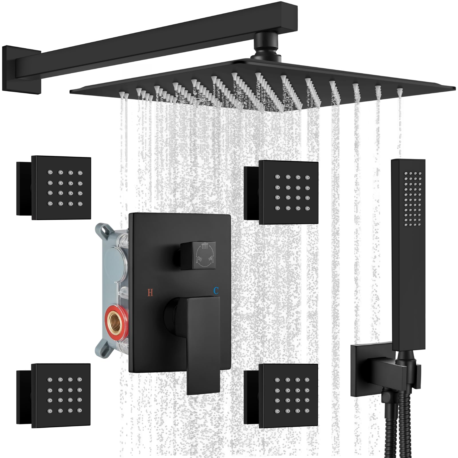 gotonovo Shower Faucet with Full Body Jets Rain Mixer 12 inch Rainfall Shower Head and Handheld Spray Combo Wall Mounted Rough-in Valve and Trim Included with 4pcs Body Message Jets Matte Black