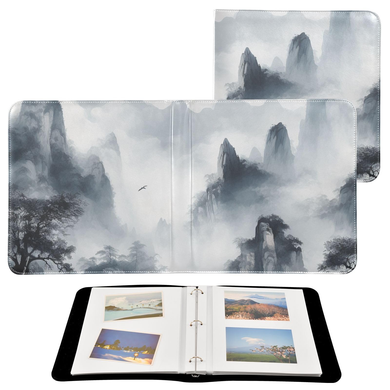 JIPONI Ink and Landscape Large Photo Album, DIY Leather Cover Scrapbook Albums for 4x6 5x7 6x8 Pictures, Self Adhesive Memory Book for Wedding, Baby, Family