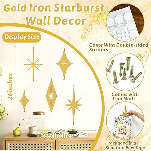 Miniatura 5 de 6 piezas de arte de pared de estrellas de hierro fundido, arte de pared de metal en explosión de estrellas, decoración de pared moderna de mediados