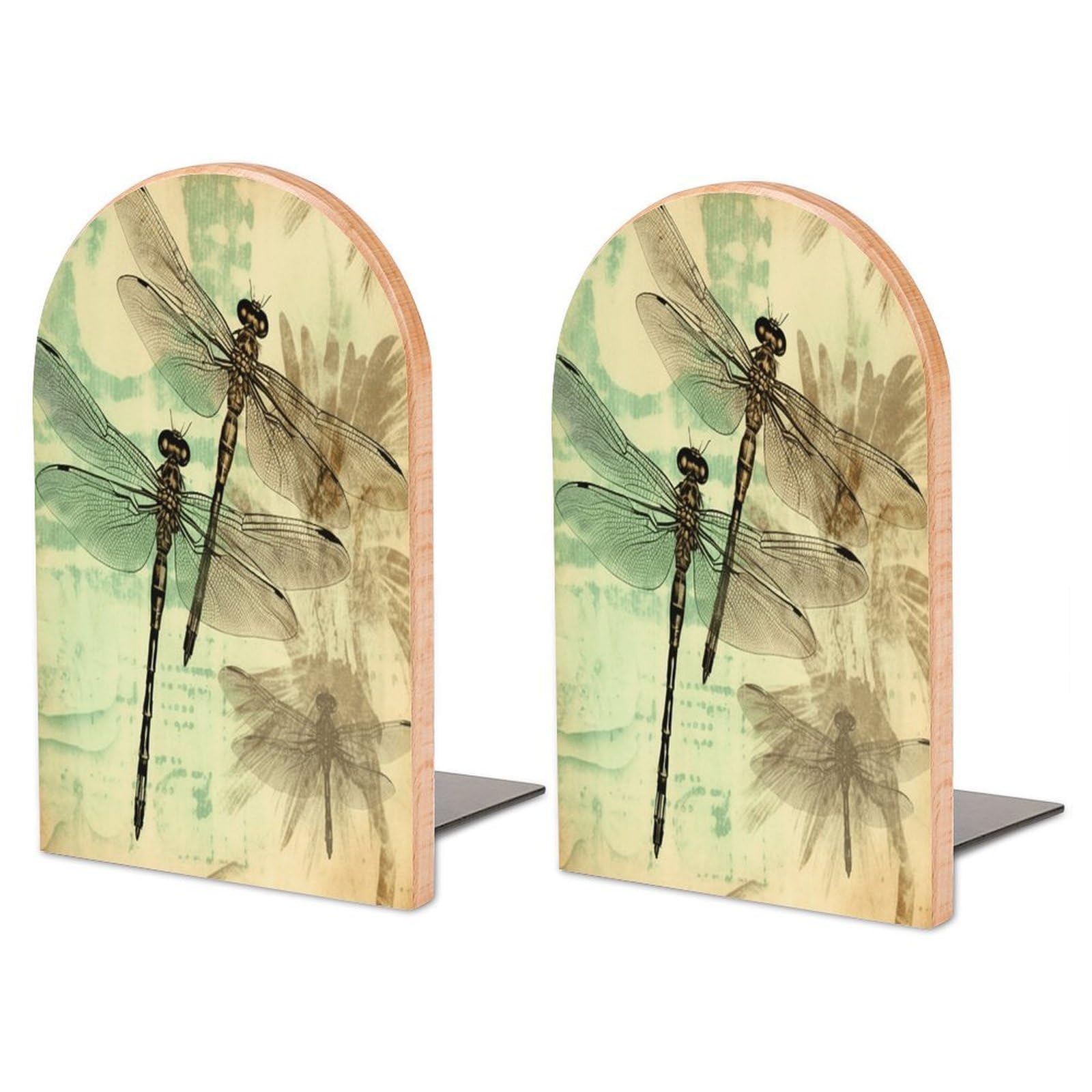 Dragonfly Dragonflies Vintage Bookend for Shelves Decorative 1 Pair Modern Wood Book End Universal Economy Bookend with Metal Base Heavy Duty Non-Slip Book Organizer for Home Office