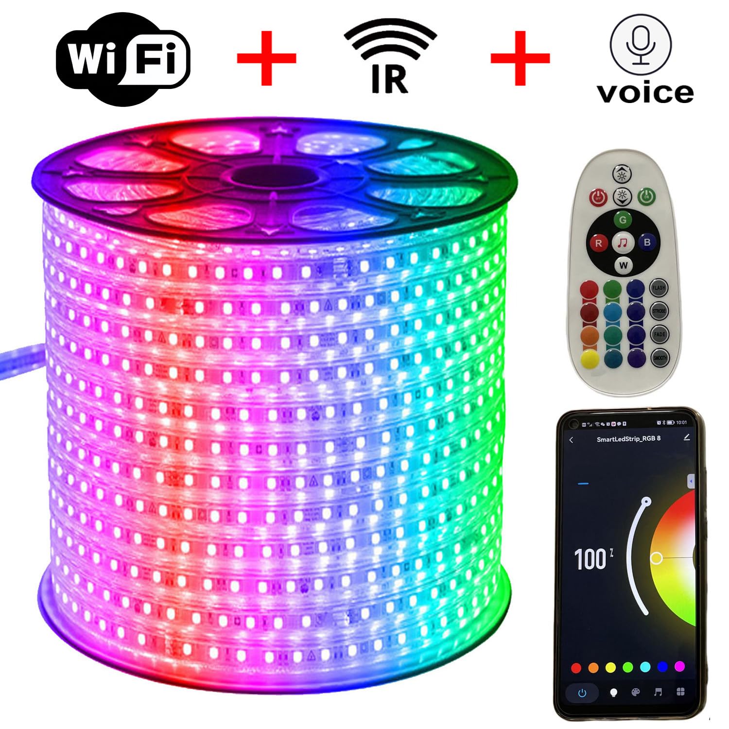 Tira LED RGB 30m controladas por WIFI, Tira de luces dimmable con telemando IR & alimentación 220V, 5050 SMD 60 LEDs/m, impermeable IP65, compatible con APP Tuya