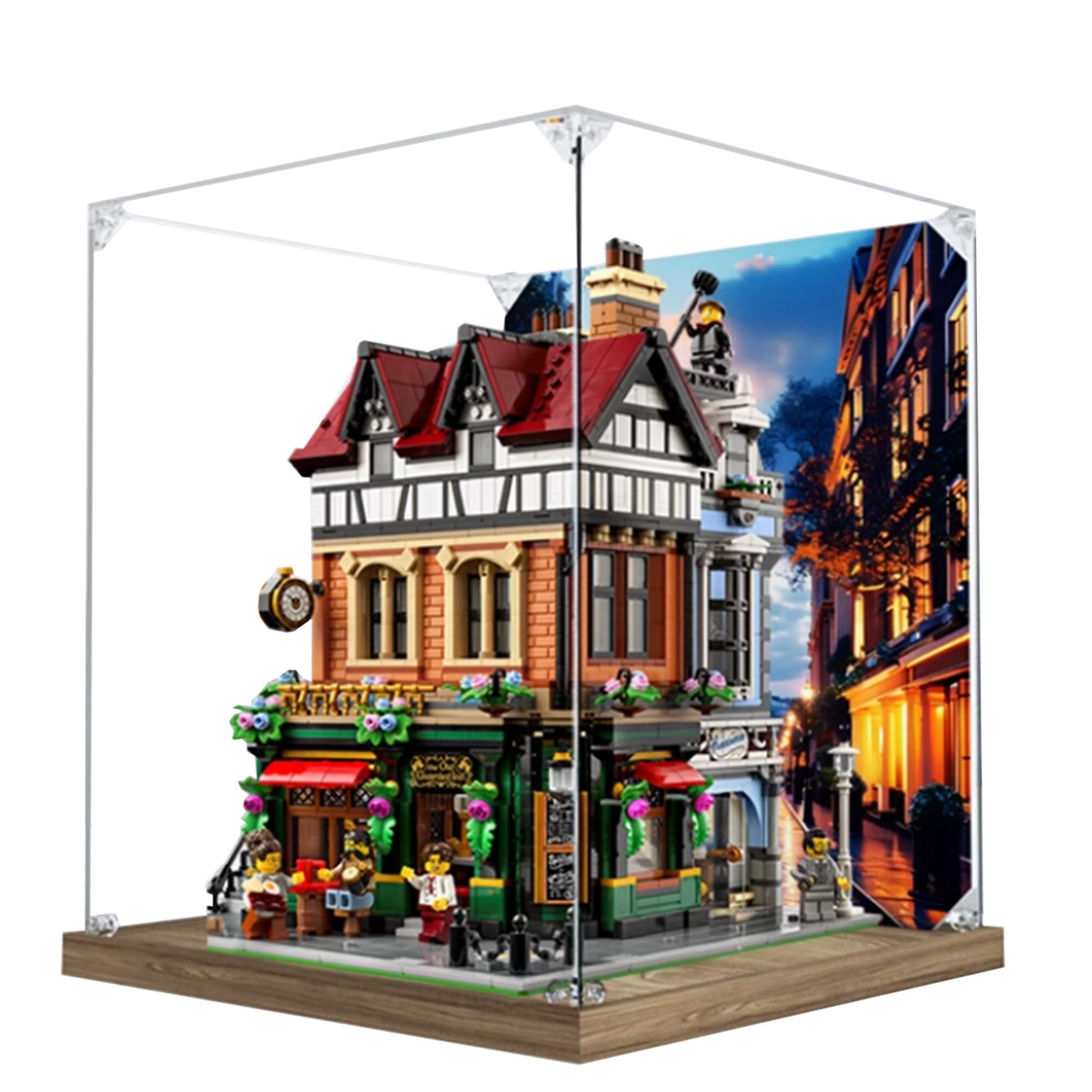 QIXINDGYH Acrylic Display Case for Lego 10350 British Street Corner, Clear Dust-Proof Case with Wooden Base