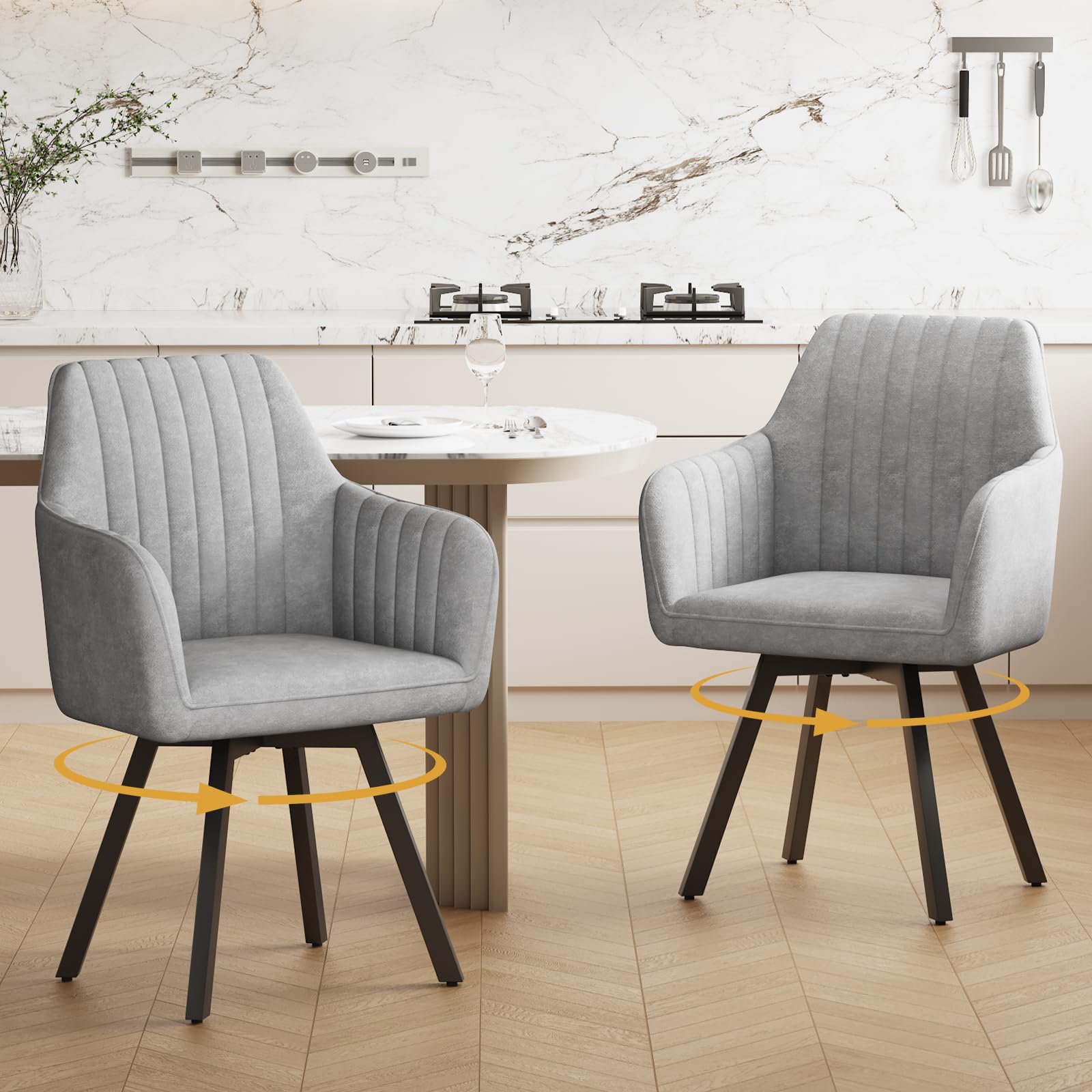 Ckaff Esszimmerstühle Drehbar mit Armlehne 2er Set, 360°Drehbar Polsterstuhl Küchenstuhl aus Samt, Stühle Esszimmer Schminkstuhl mit Metallbeine und Rückenlehne für Esszimmer Schlafzimmer, Hellgrau