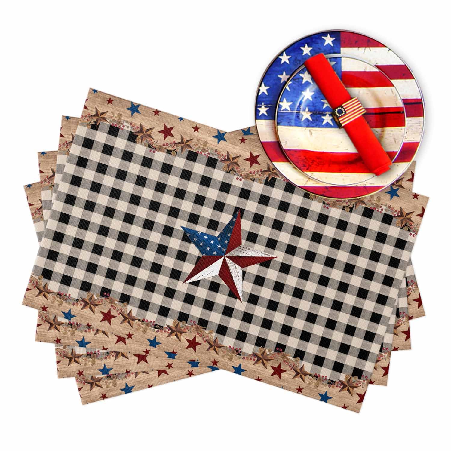 4th of July Placemats Set of 6, Patriotic Star American Flag Placemat for Dining Table Decorations, Cotton Linen Independence Day Place Mats, Rustic