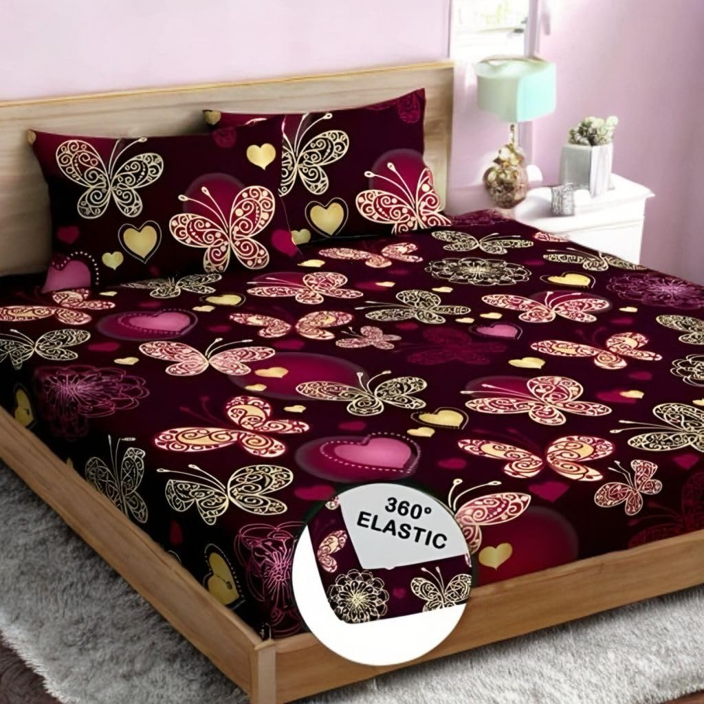Rajat Presents Premium Cotton Elastic Fitted Geometric Bedsheets with 2 King Size Pillow Covers | Double Bed with All Around Elastic 180 TC Supersoft | (72"X78", 180-200 TC A960-image-31
