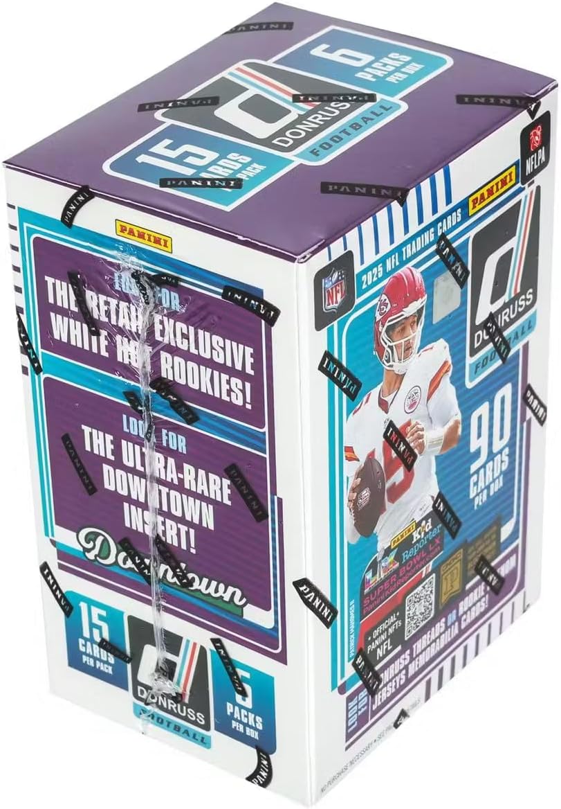 2025 Panini Donruss Football 6-Pack Blaster Trading Card Box (1 Memorabilia or Revolution Insert Per Box)
