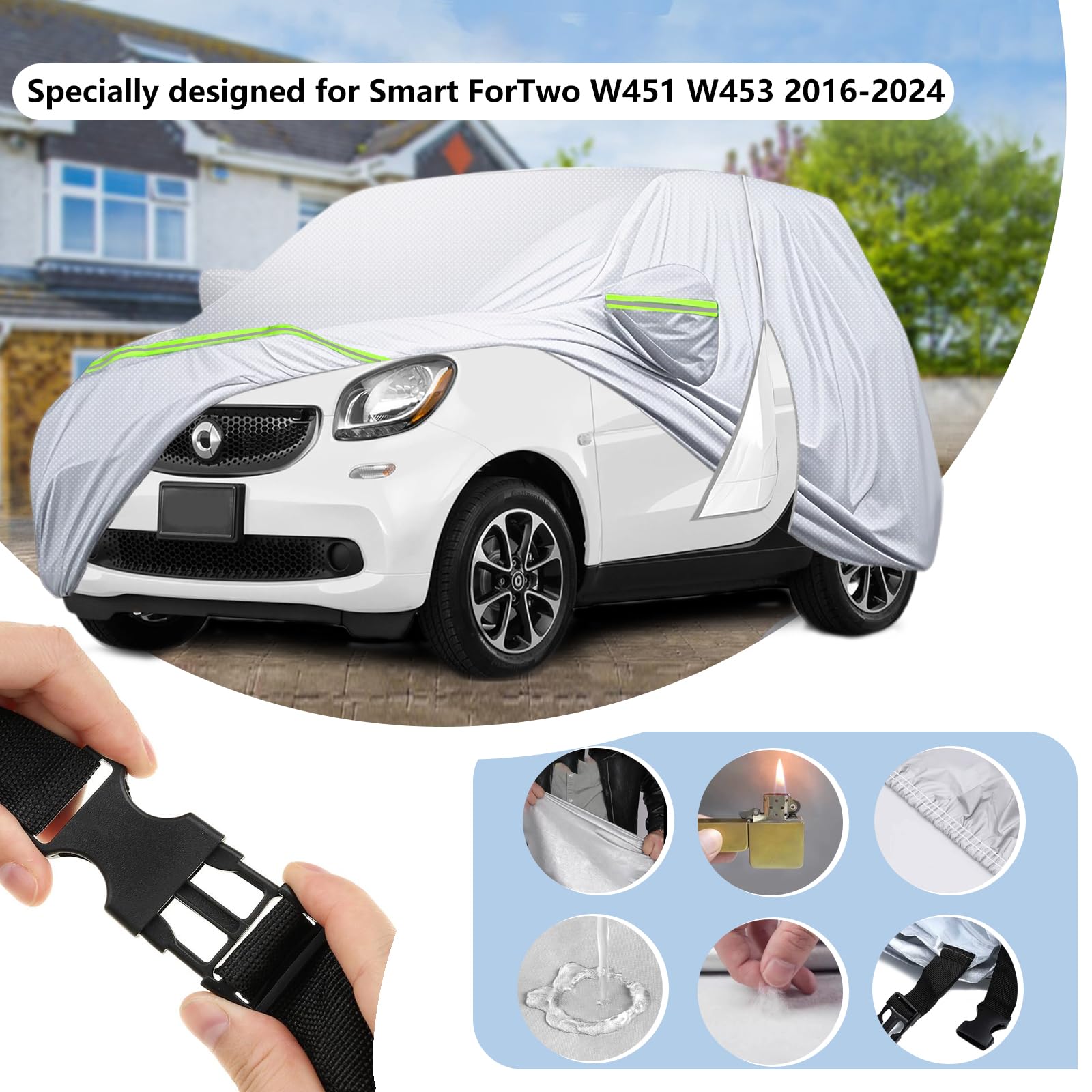 Wodoodporny pokrowiec samochodowy do Smart Fortwo 451/453 (W453) 2016-2024, całoroczny materiał Oxford DuPont z dostępem do drzwi na zamek błyskawiczny i paskami wiatroszczelnymi | Pokrowce na