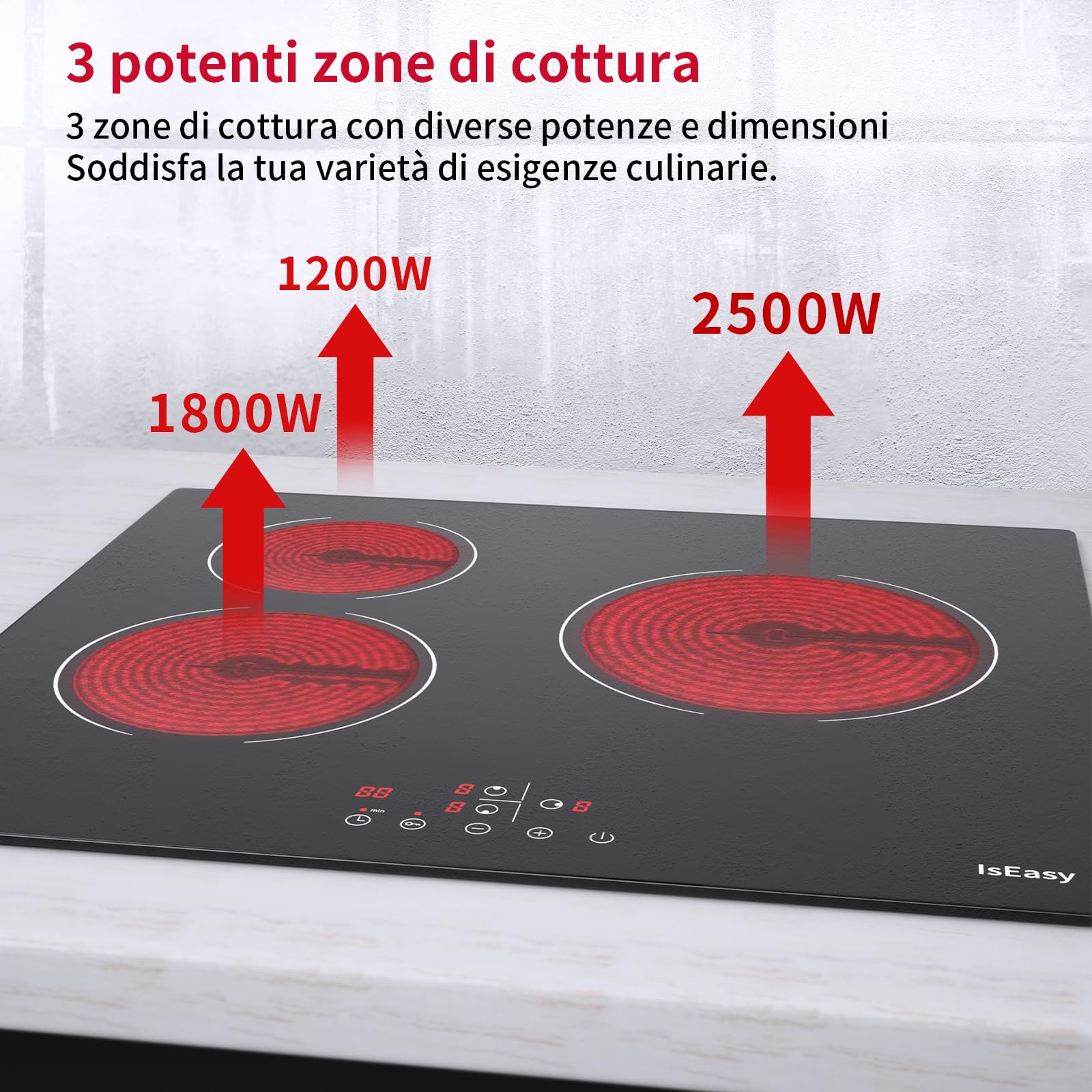 Piastra di cottura in vetroceramica elettrica (6600 W, 3 fuochi, 60 cm, da incasso, automatica, touch, timer, vetro-ceramica) -3 zone - 2
