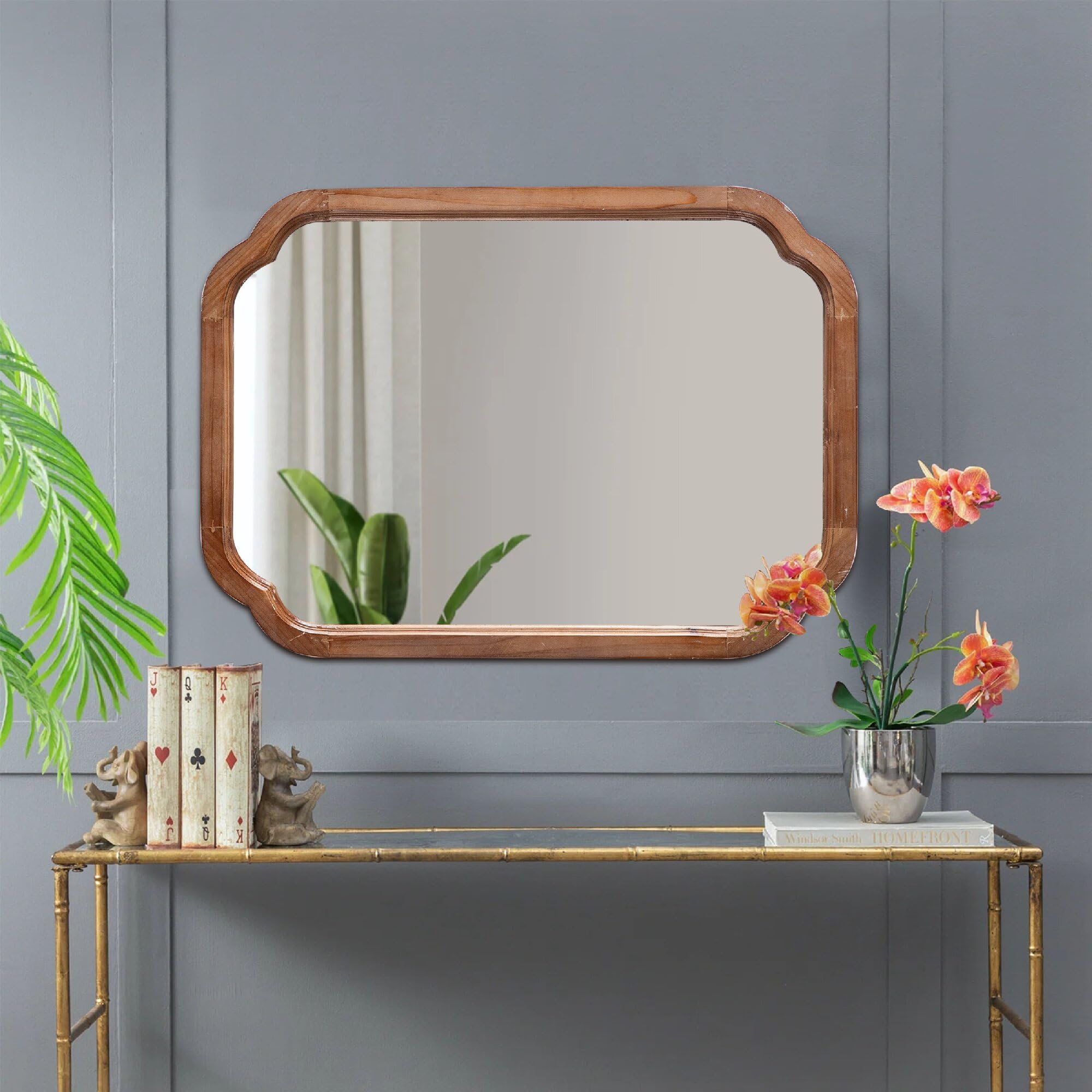 Bois Miroir Mural Rectangulaire 40 x 60 cm, Miroir Decoration Murale Rustique, Miroirs Muraux pour Salon, Chambre, Salle de Bain, Couloir, Horizontal ou Vertical