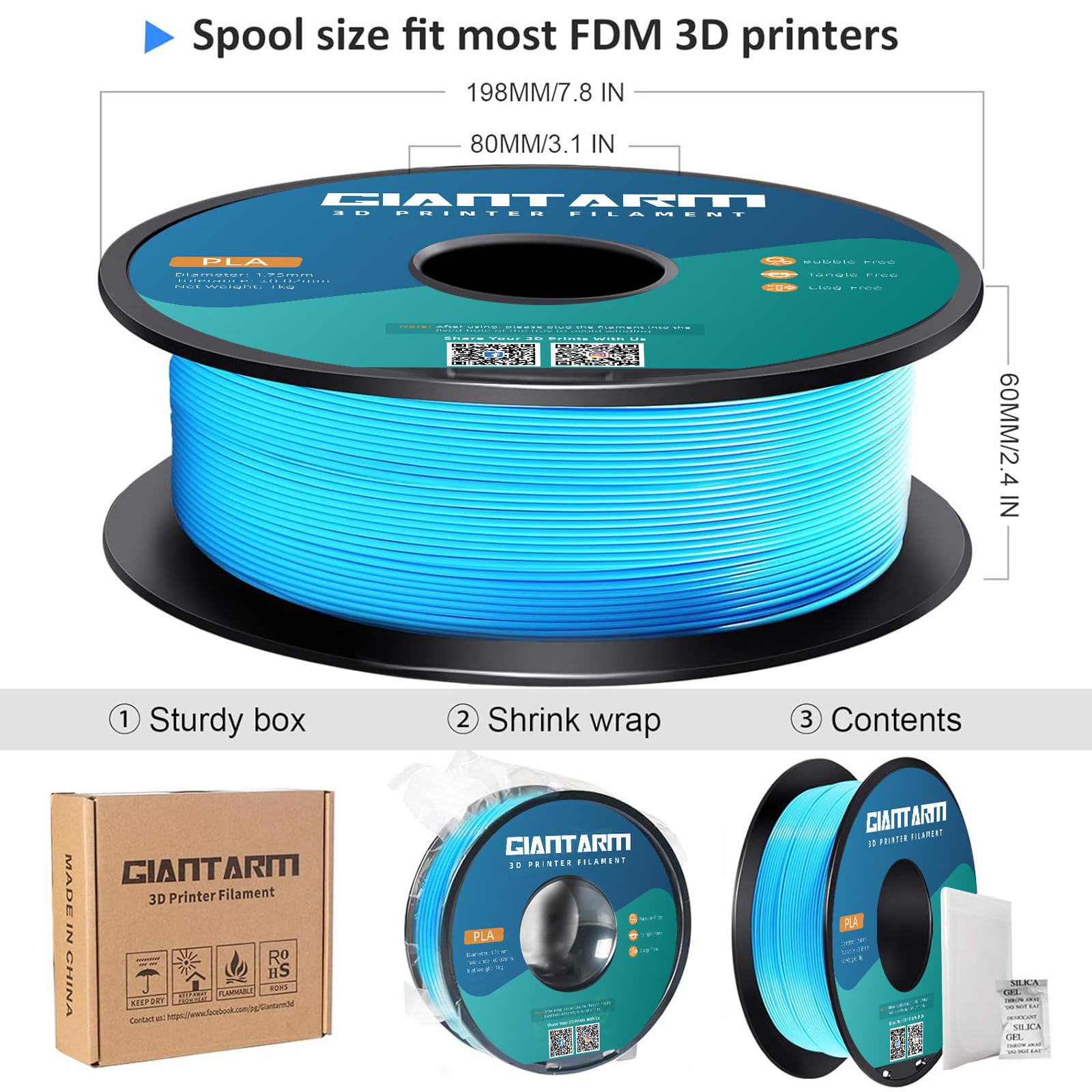 Filamento PLA 1,75 mm, filamento stampante 3D GIANTARM Bobina PLA 1 kg (Blu acqua)