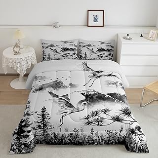 Feelyou Traditional Painting Comforter Set Japanese Bedding Set Crane Animal Comforter Exotic Oriental Quilted Duvet Set for Kids Boys Girls Adults Queen Size Bedding Collection 3Pcs Boys