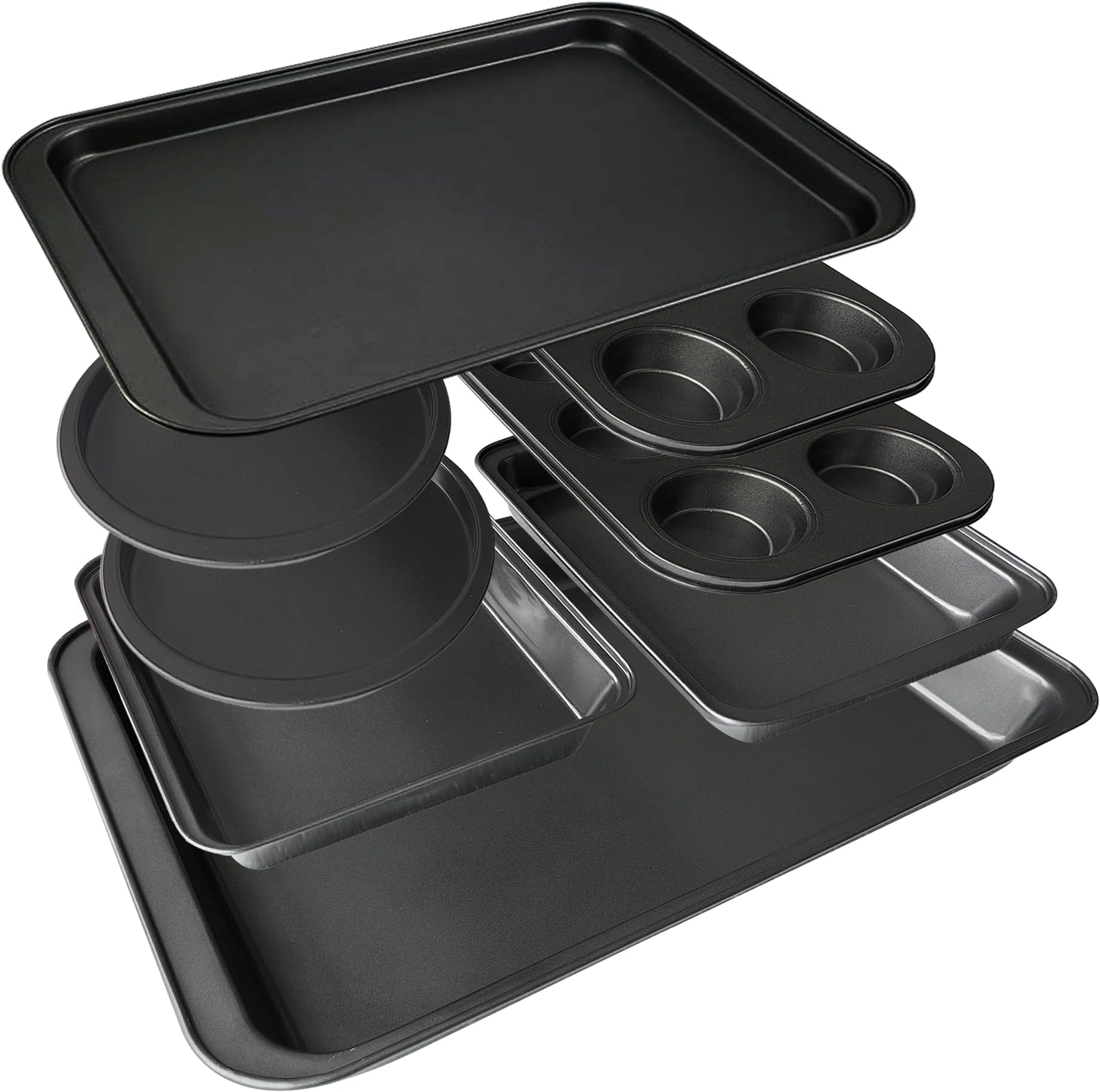 GXONE8-Piece Baking Pans set, Nonstick Carbon Steel Space Saving Bakeware Set, With Deep Roasting Pan(18.7”), Pizza Pan,Cake Pans, Cookie Sheet, Muffin Pans,Bread Pan, and Baking Pan-Black