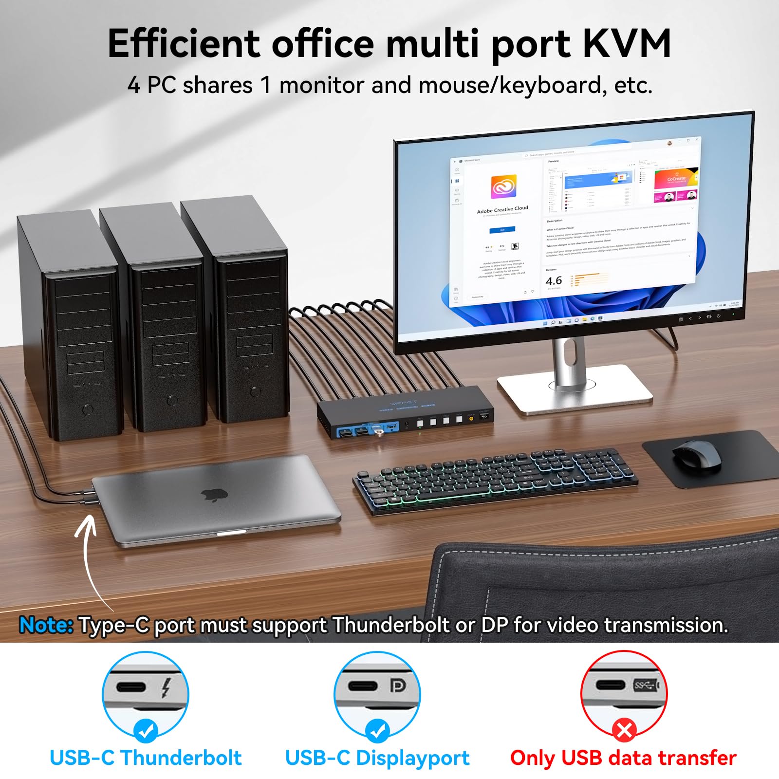 Interruptor KVM AILVLVNG 1 Monitor 4 Computadoras 4K144Hz Interruptor KVM de 4 Puertos para 4 PC Compartir un Solo Monitor y 4 Dispositivos USB 3.0, como Teclado, Ratón, Impresora, con Controlador