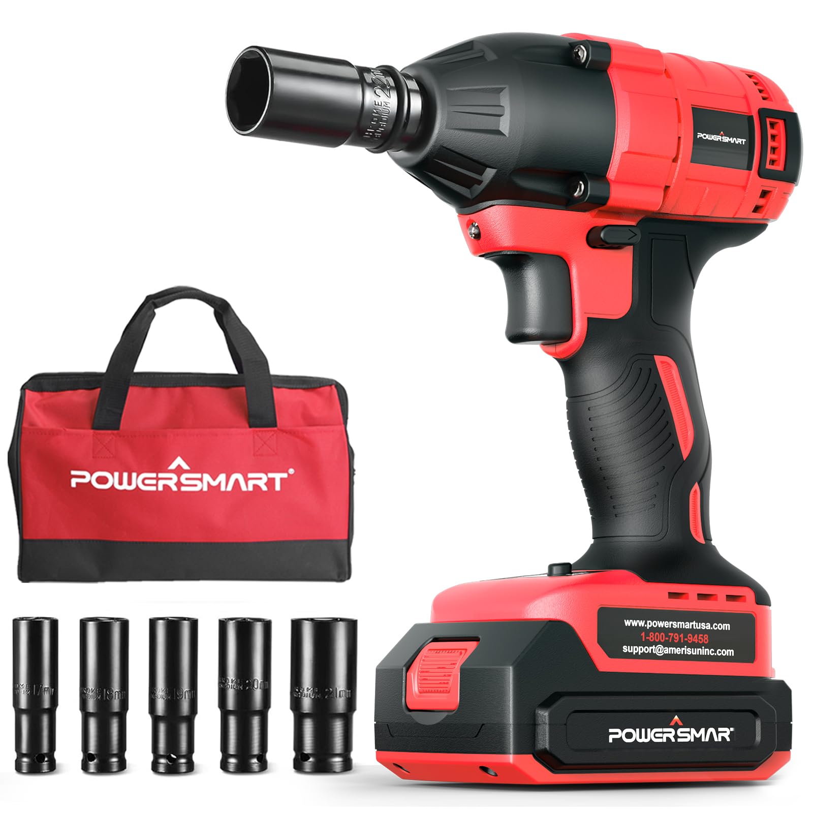 PowerSmart Cordless Impact Wrench 1/2 Inch, Brushless Impact Gun Kit for Car RV Tire, Home, 20V 2.0Ah Battery, Charger, 5 Sockets
