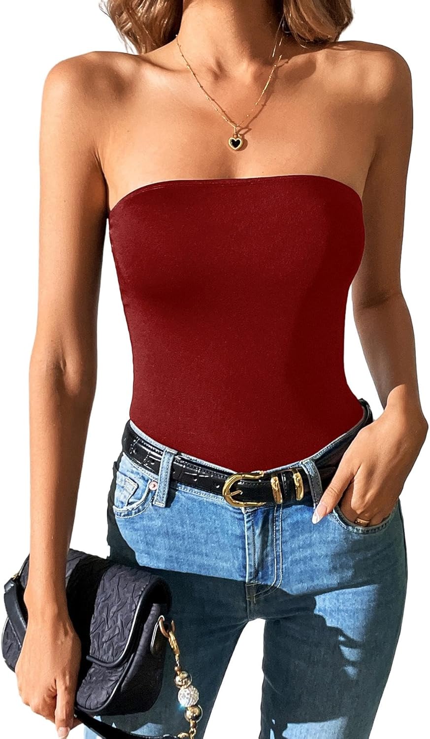 SOLY HUX Women's Solid Tube Crop Top Sleeveless Strapless Bandeau Y2k Tops Medium Plain Burgundy