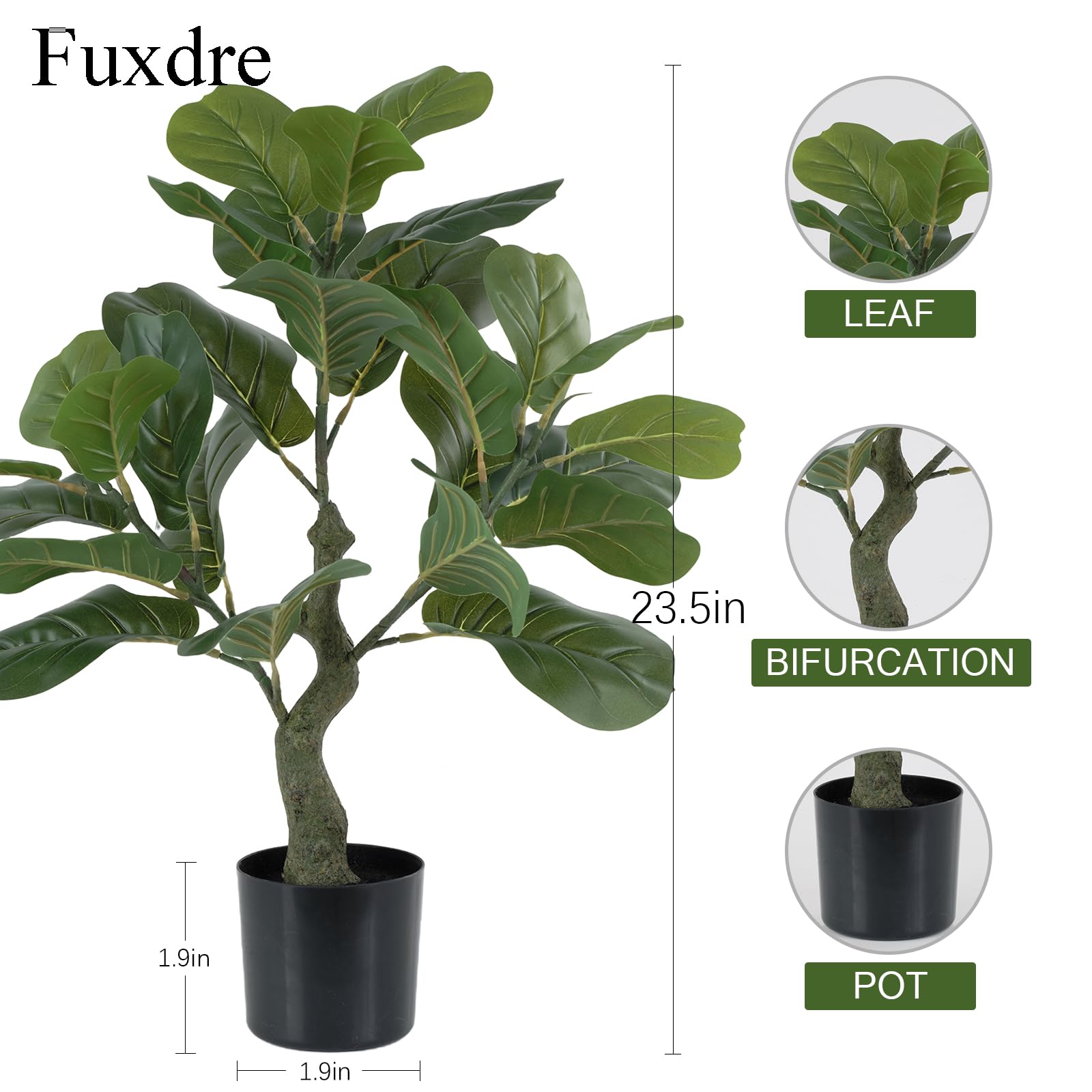 Fuxdre Artificial Fiddle Leaf Fig Tree 23.5 inch, Ficus Tree Artificial with 27 Leaves in Pot for Home Office Decor, Fake Silk Trees Greenery for Indoor House Living Room Store Floor Decoration